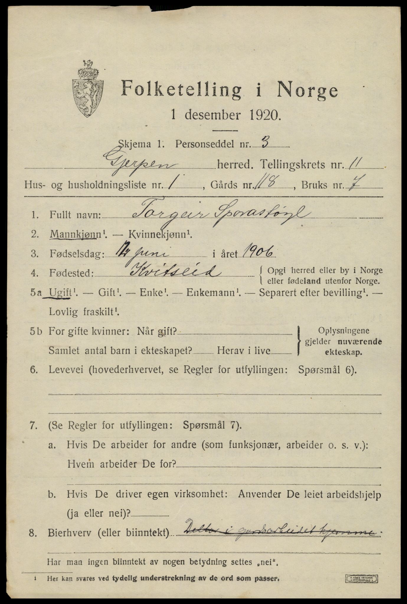 SAKO, 1920 census for Gjerpen, 1920, p. 12282