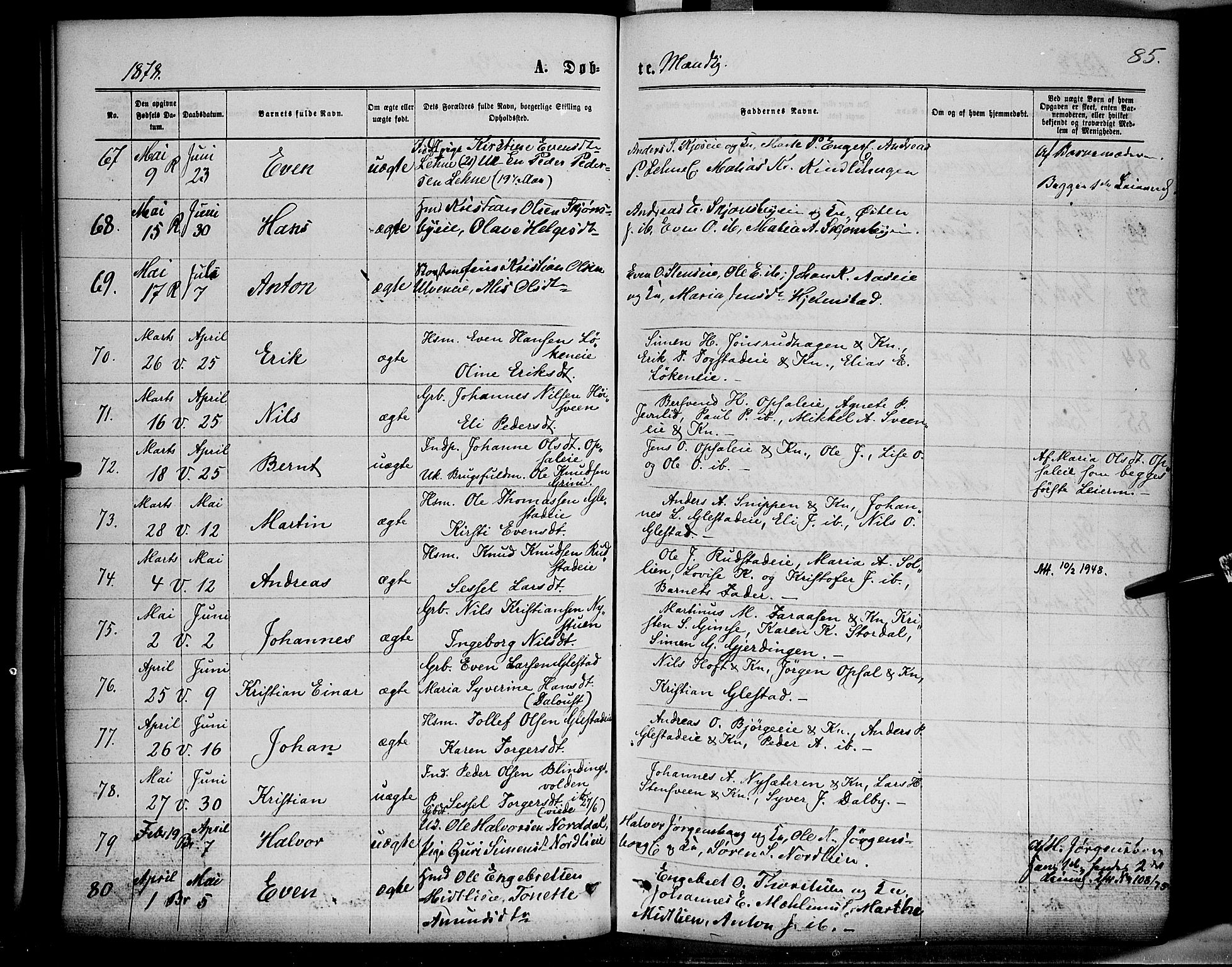 Ringsaker prestekontor, SAH/PREST-014/K/Ka/L0011: Parish register (official) no. 11, 1870-1878, p. 85