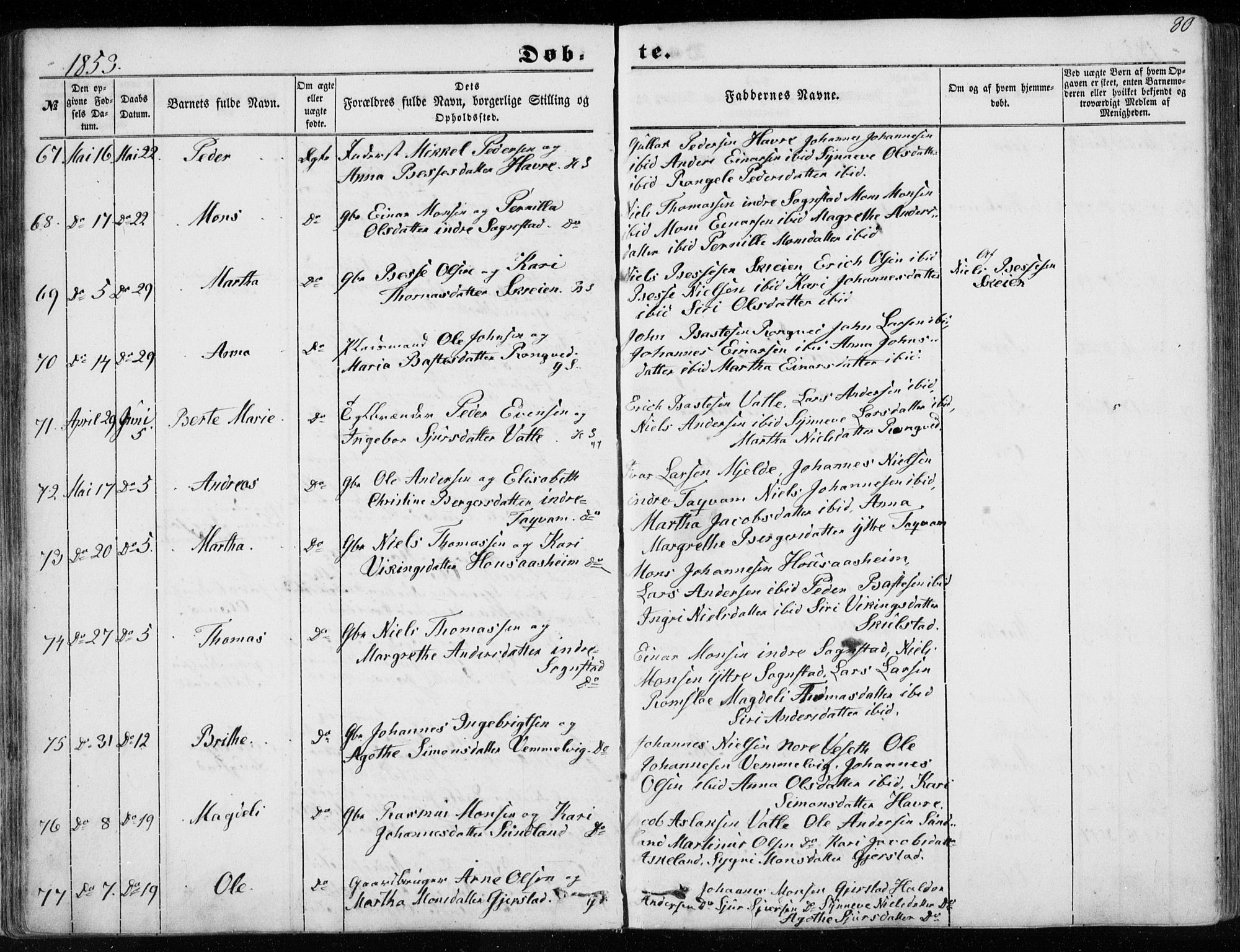 Haus sokneprestembete, SAB/A-75601/H/Haa: Parish register (official) no. A 16 I, 1848-1857, p. 80