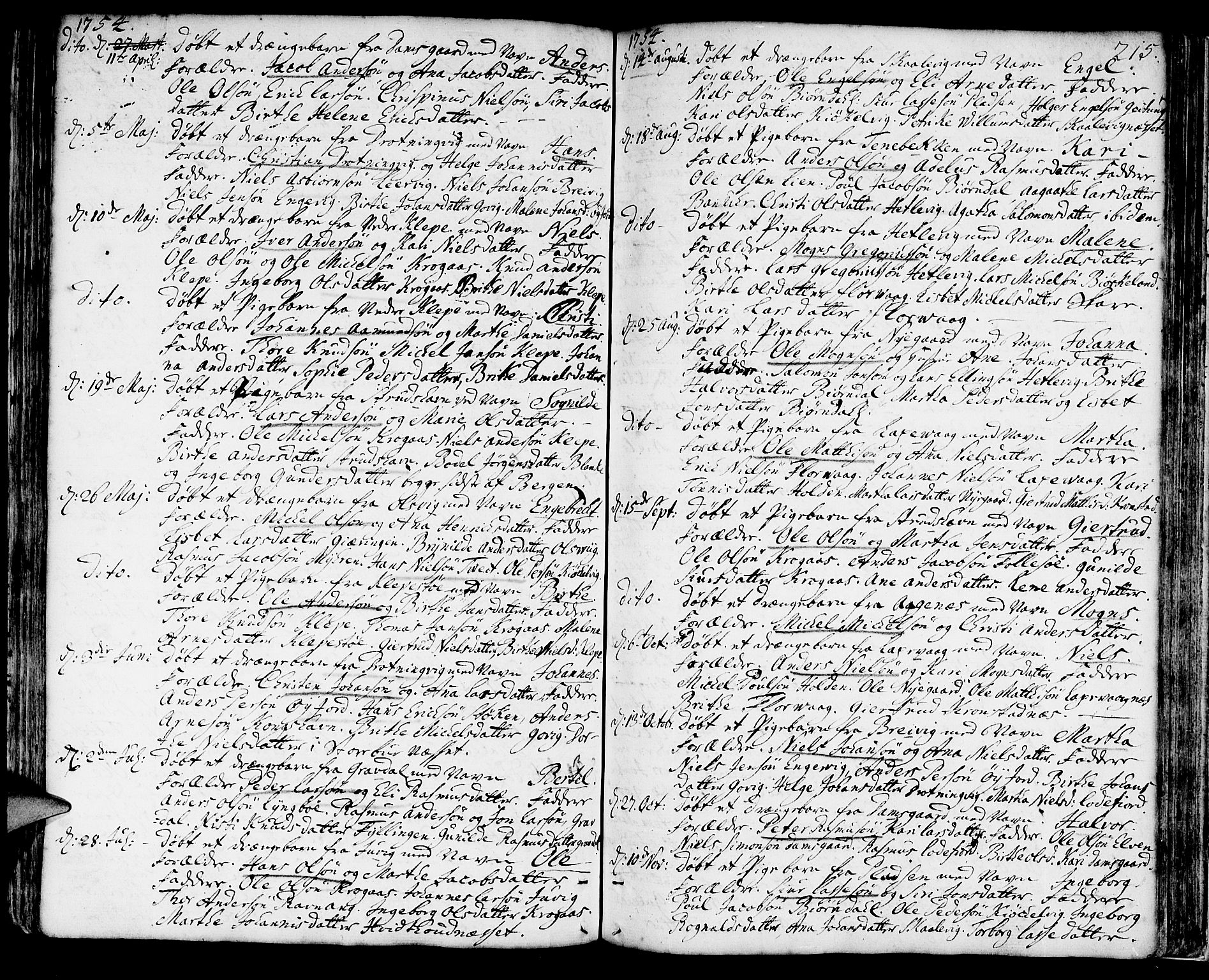 Askøy Sokneprestembete, SAB/A-74101/H/Ha/Haa/Haaa/L0001: Parish register (official) no. A 1, 1742-1818, p. 215