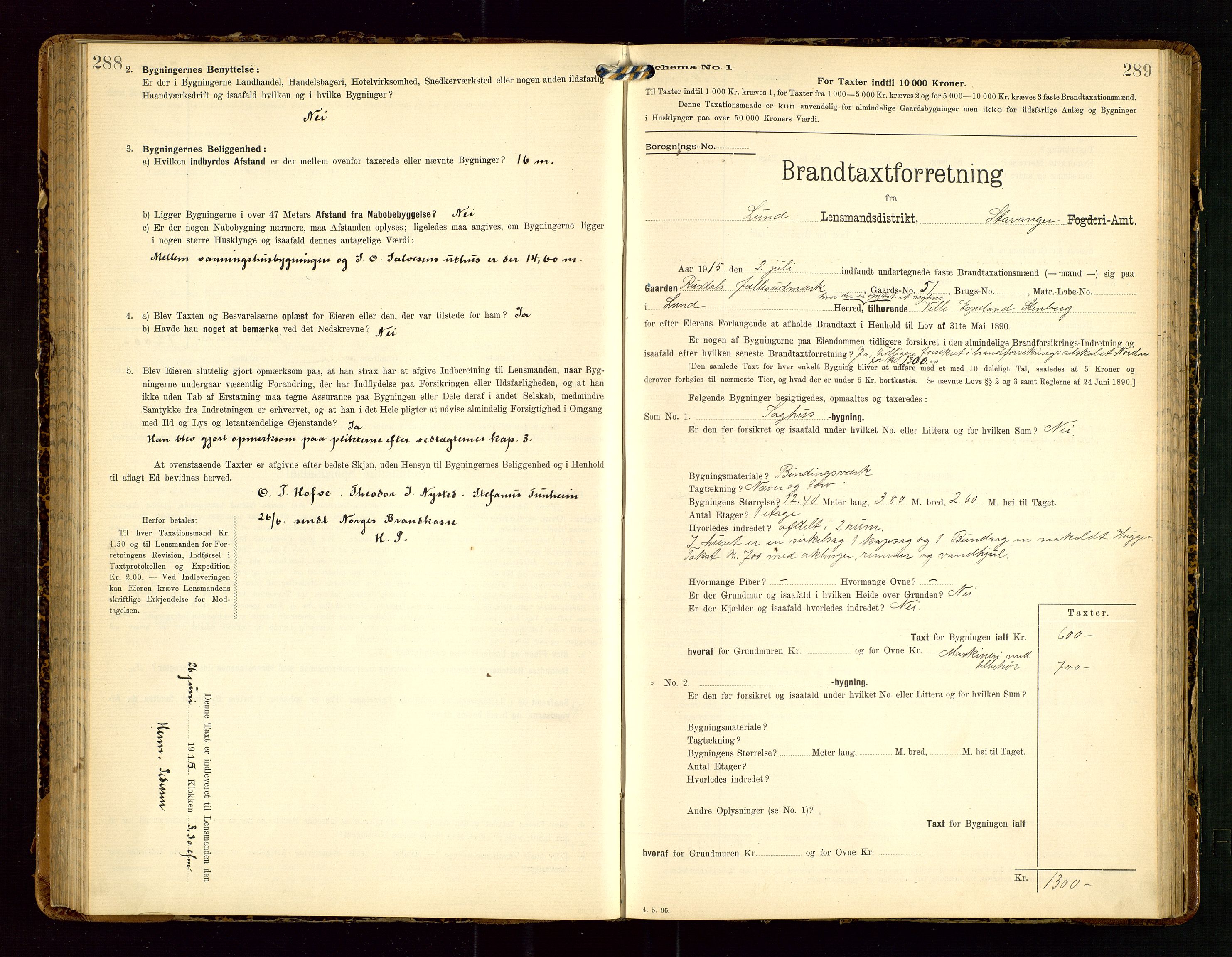 Lund lensmannskontor, SAST/A-100303/Gob/L0002: "Brandtakstprotokol", 1908-1918, p. 288-289