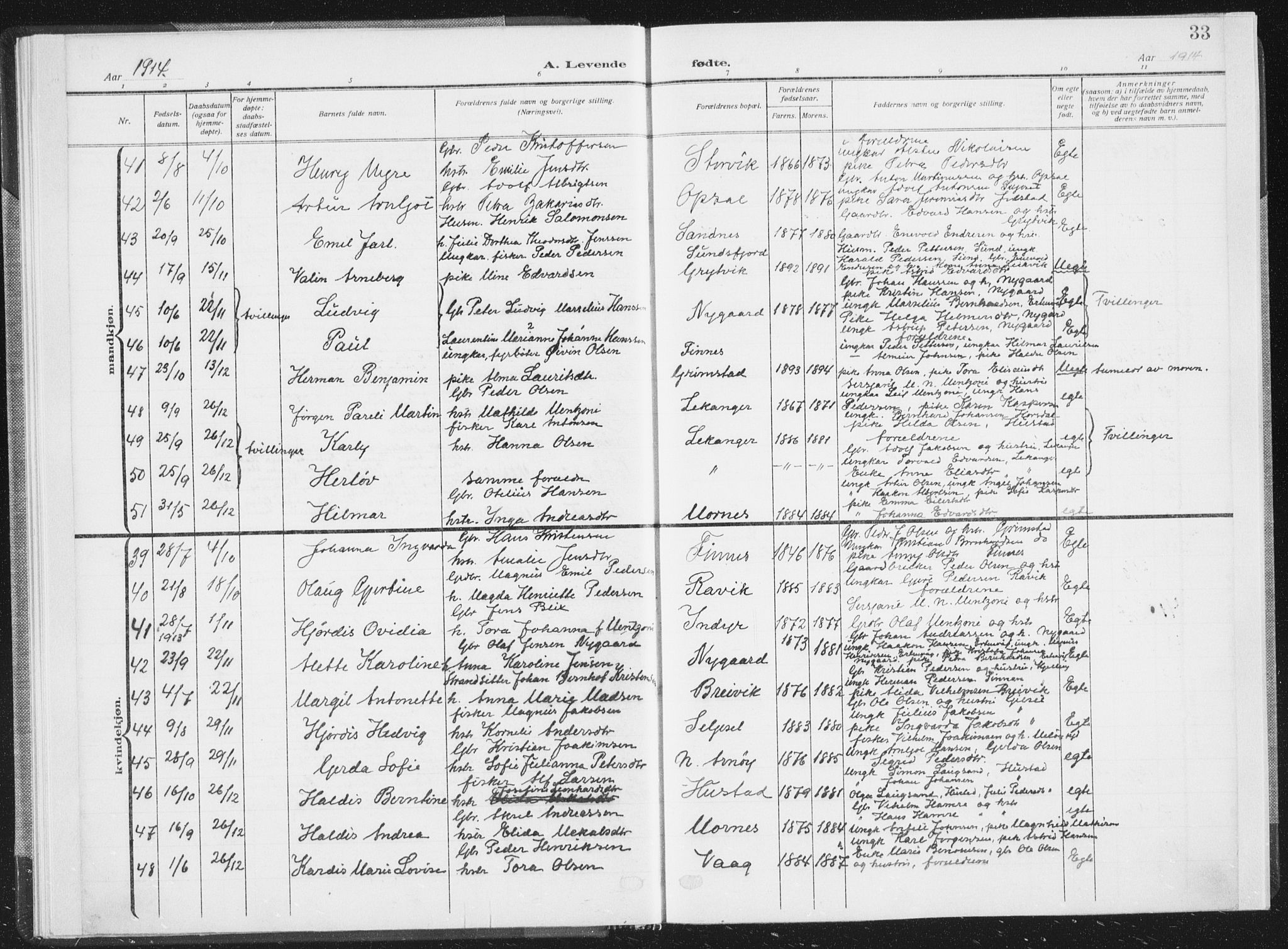 Ministerialprotokoller, klokkerbøker og fødselsregistre - Nordland, SAT/A-1459/805/L0104: Parish register (official) no. 805A09, 1909-1926, p. 33
