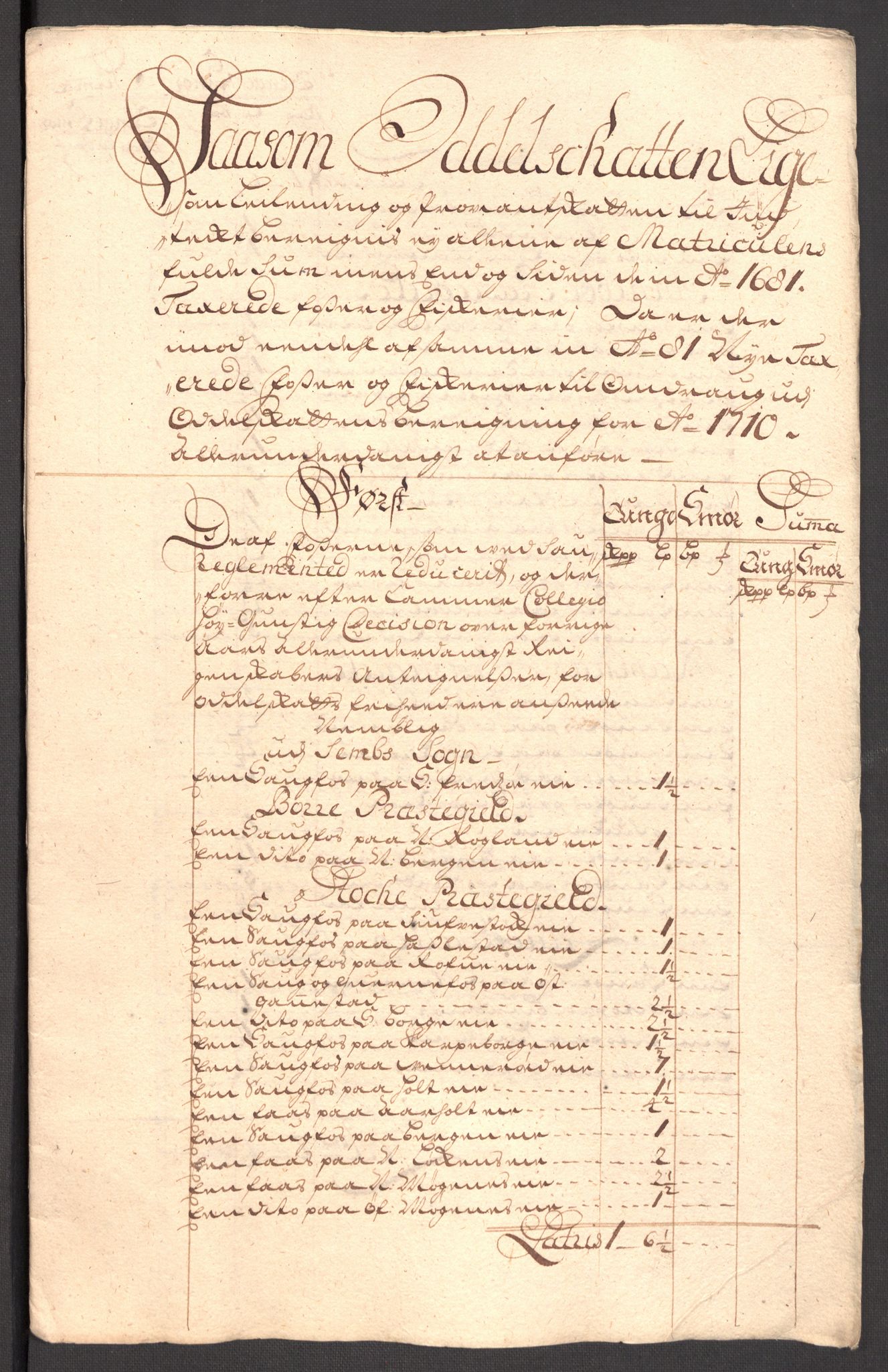 Rentekammeret inntil 1814, Reviderte regnskaper, Fogderegnskap, AV/RA-EA-4092/R32/L1875: Fogderegnskap Jarlsberg grevskap, 1710, p. 325