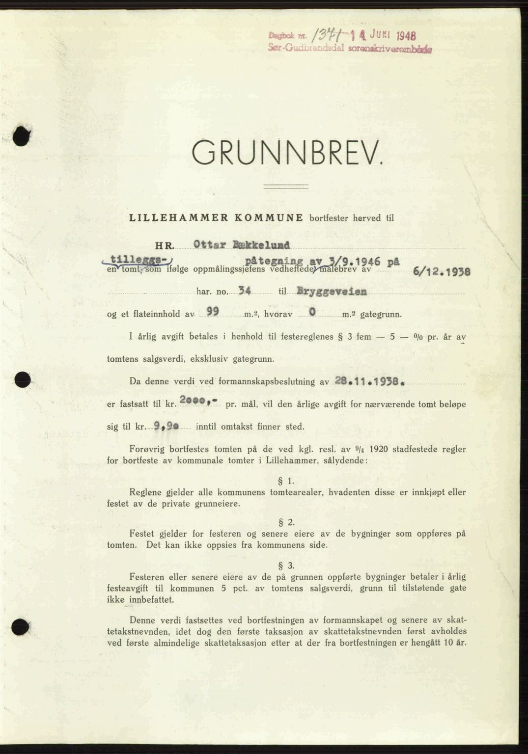 Sør-Gudbrandsdal tingrett, SAH/TING-004/H/Hb/Hbd/L0022: Mortgage book no. A22, 1948-1948, Diary no: : 1371/1948