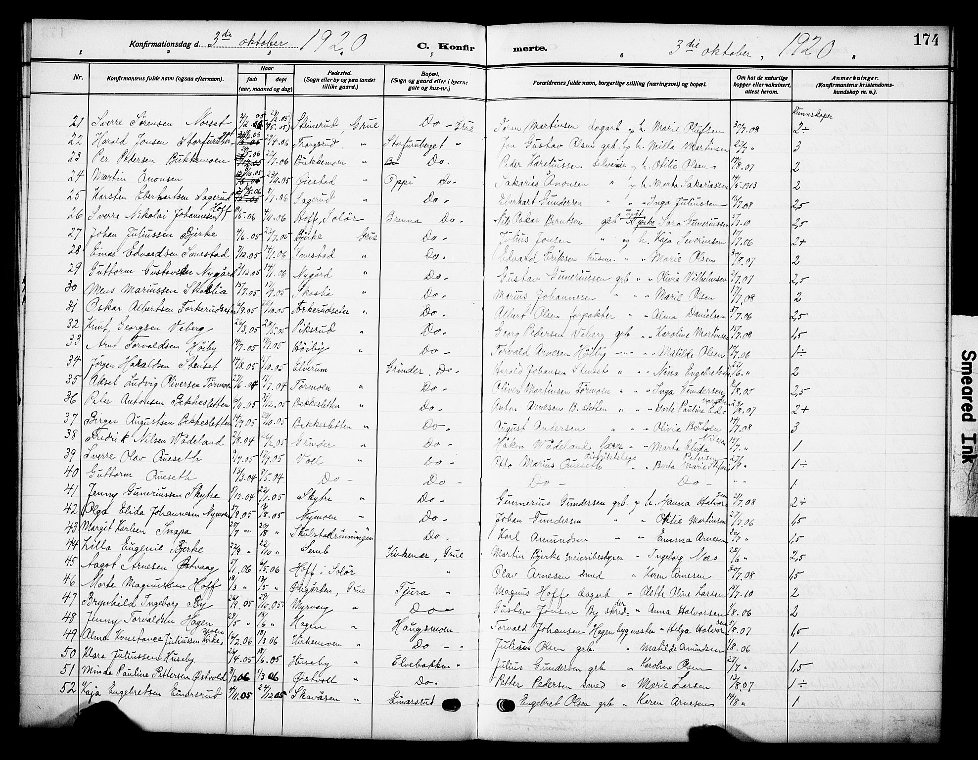 Grue prestekontor, AV/SAH-PREST-036/H/Ha/Haa/L0015: Parish register (official) no. 15, 1911-1922, p. 174