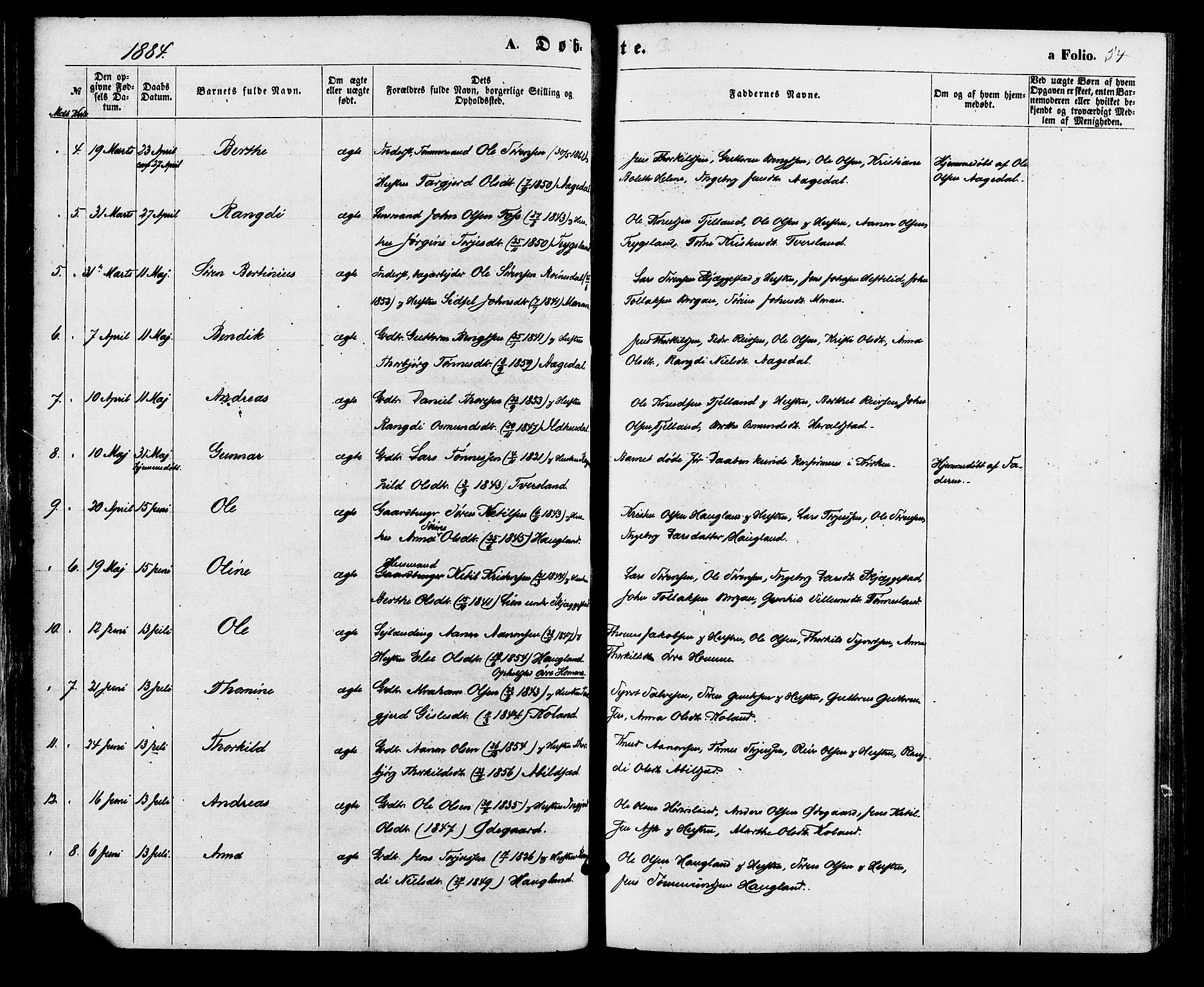 Bjelland sokneprestkontor, SAK/1111-0005/F/Fa/Faa/L0003: Parish register (official) no. A 3, 1867-1887, p. 54