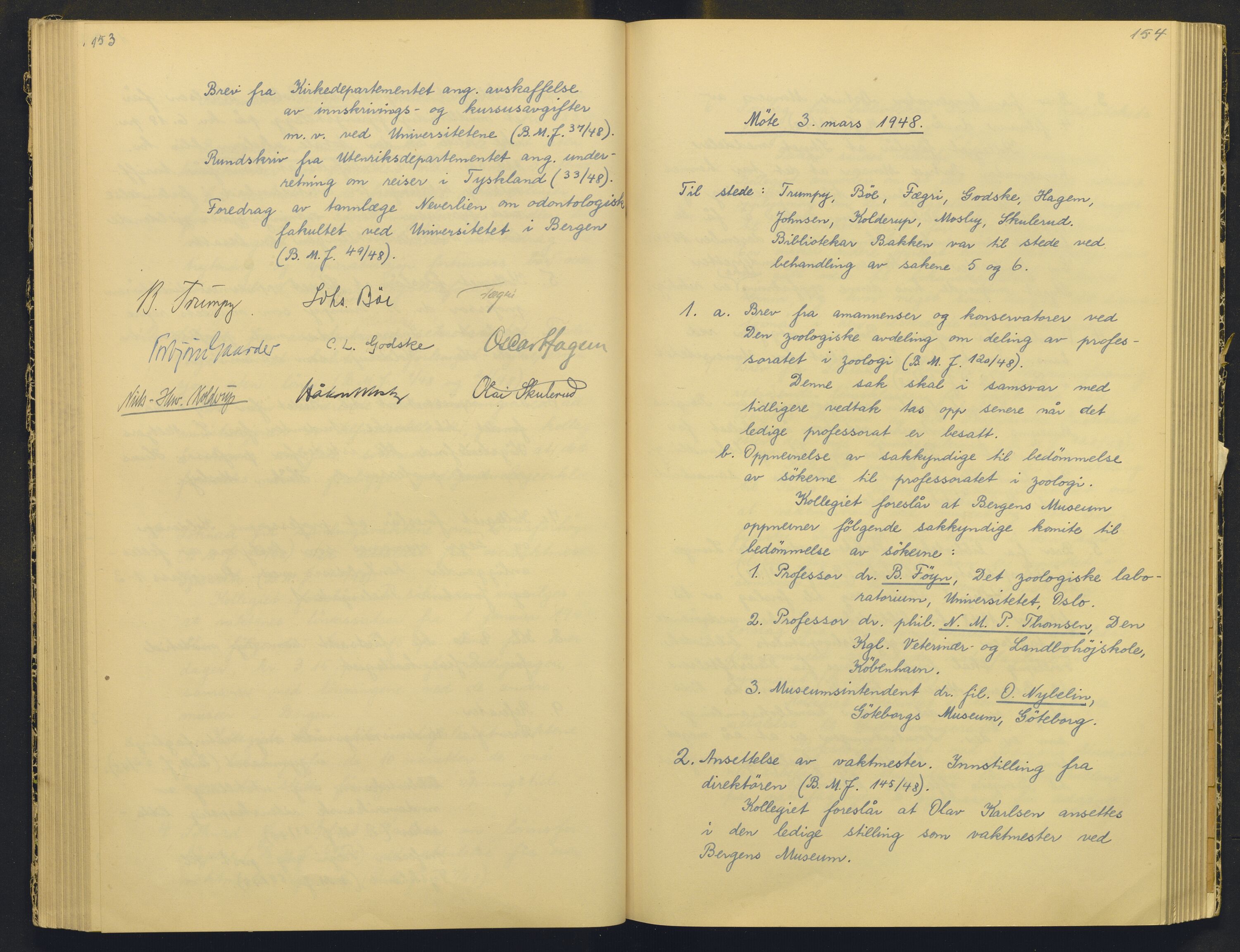 Bergens Museum, AV/SAB-A-17301/18/A/L0004: Professorkollegiets møtebok med register , 1945-1949, p. 153-154