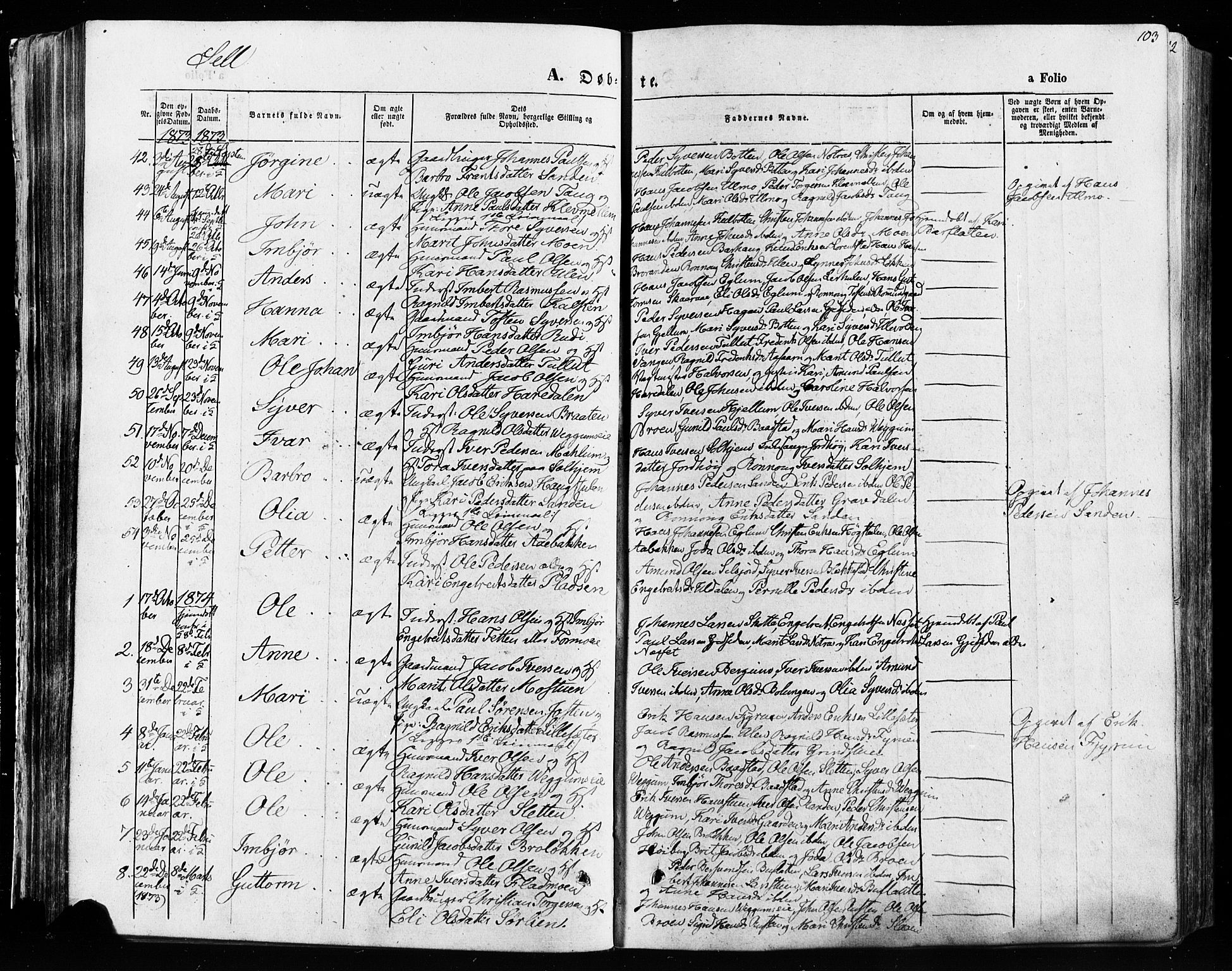 Vågå prestekontor, SAH/PREST-076/H/Ha/Haa/L0007: Parish register (official) no. 7 /3, 1872-1886, p. 103