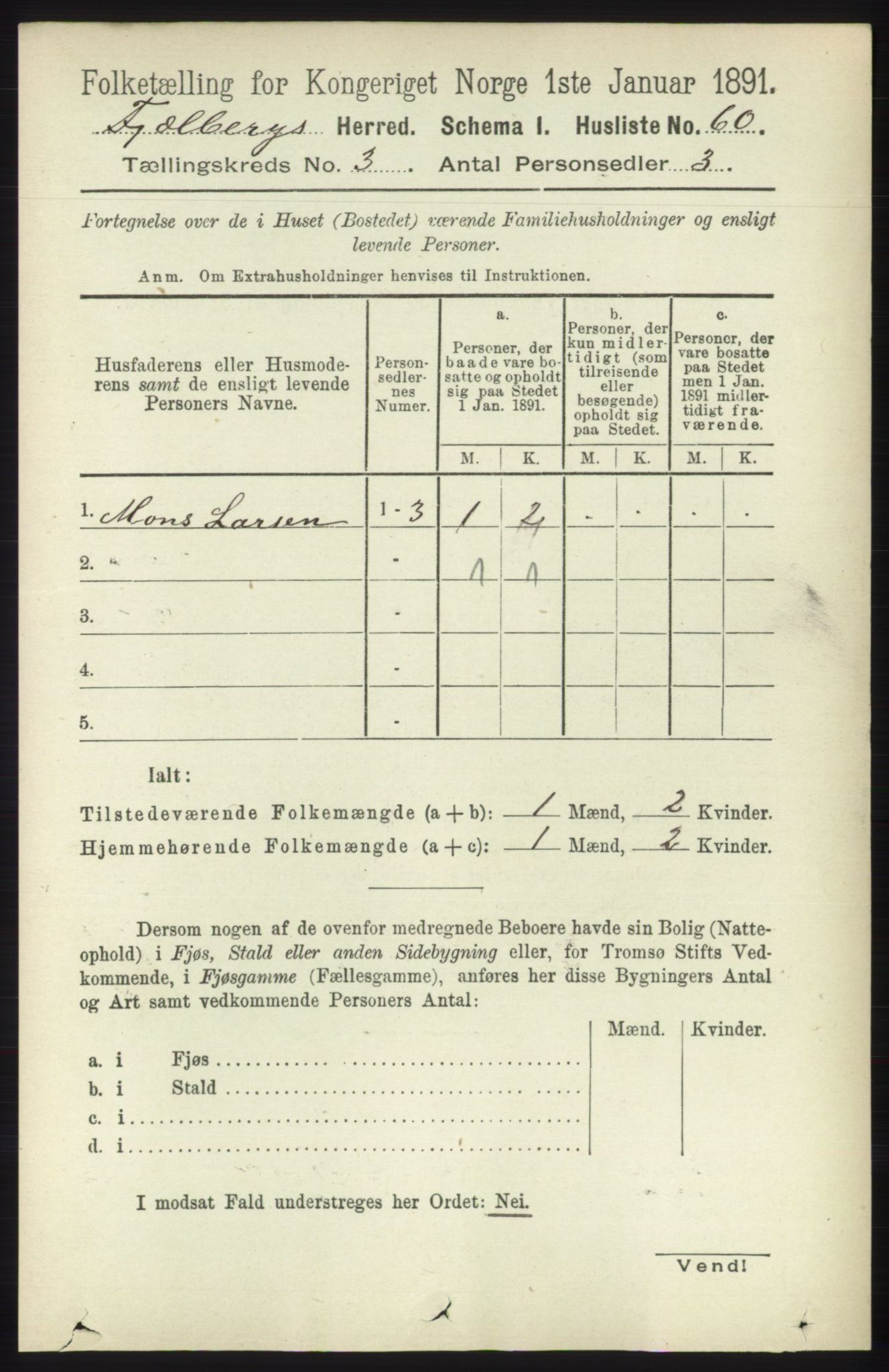 RA, 1891 census for 1213 Fjelberg, 1891, p. 780