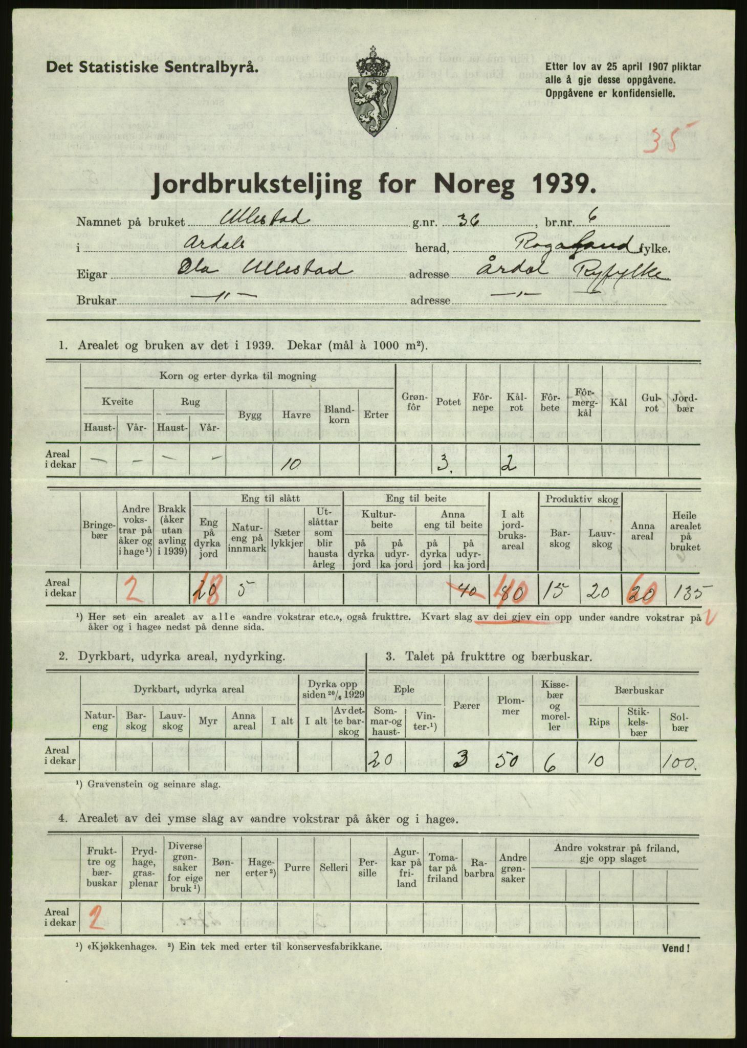 Statistisk sentralbyrå, Næringsøkonomiske emner, Jordbruk, skogbruk, jakt, fiske og fangst, AV/RA-S-2234/G/Gb/L0184: Rogaland: Årdal, Fister og Hjelmeland, 1939, p. 615