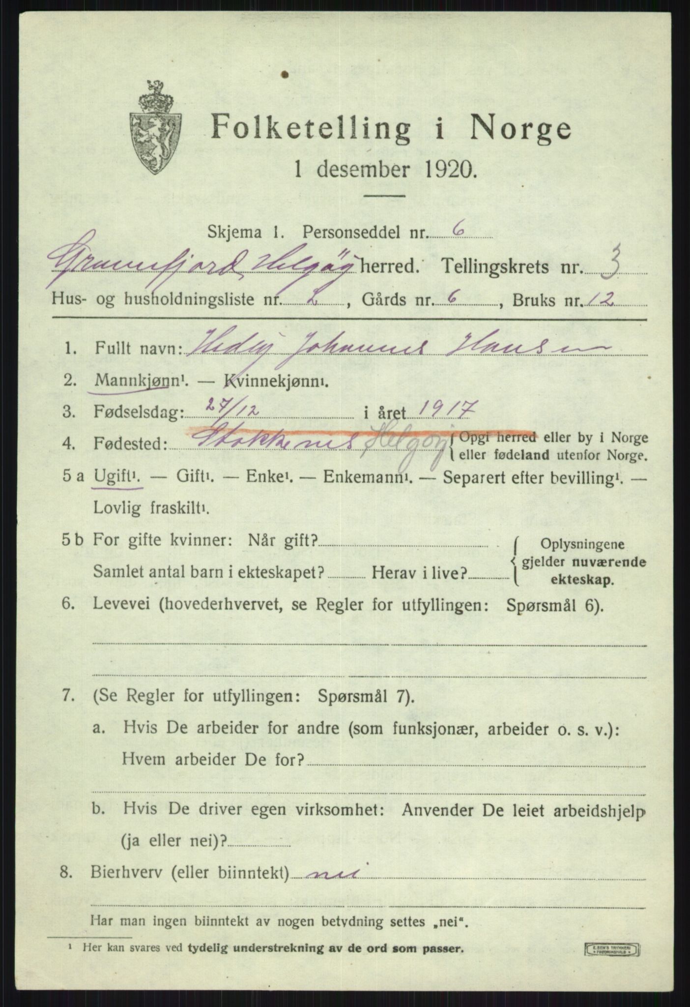 SATØ, 1920 census for Helgøy, 1920, p. 1403