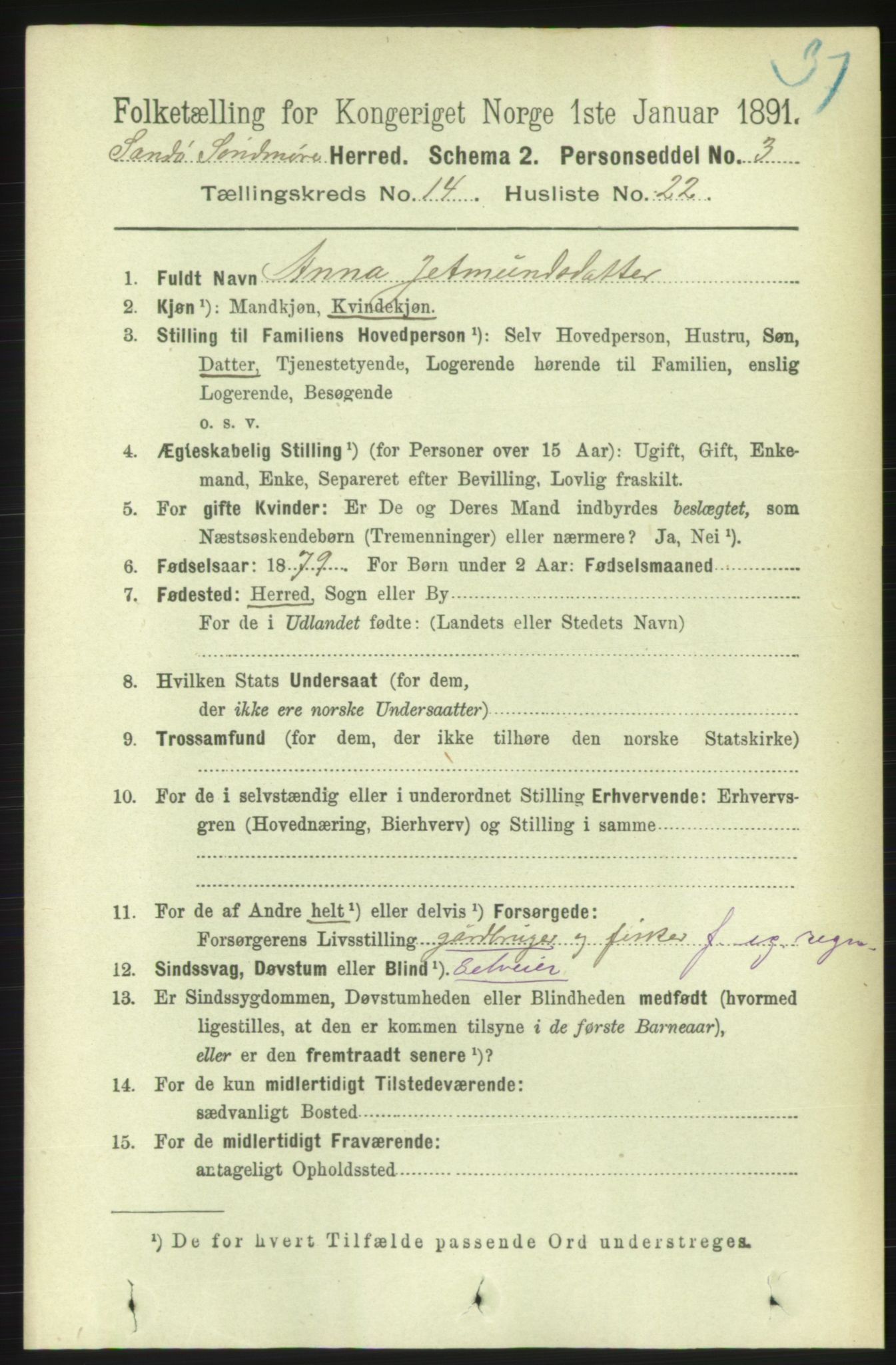 RA, 1891 census for 1514 Sande, 1891, p. 2963