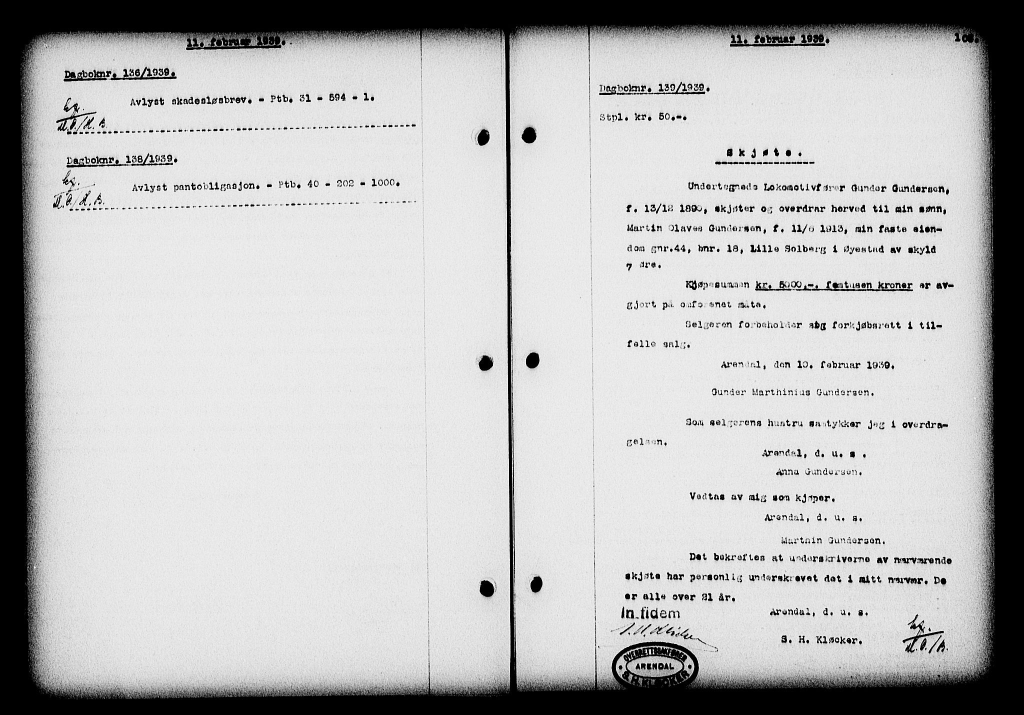 Nedenes sorenskriveri, SAK/1221-0006/G/Gb/Gba/L0046: Mortgage book no. 42, 1938-1939, Diary no: : 139/1939