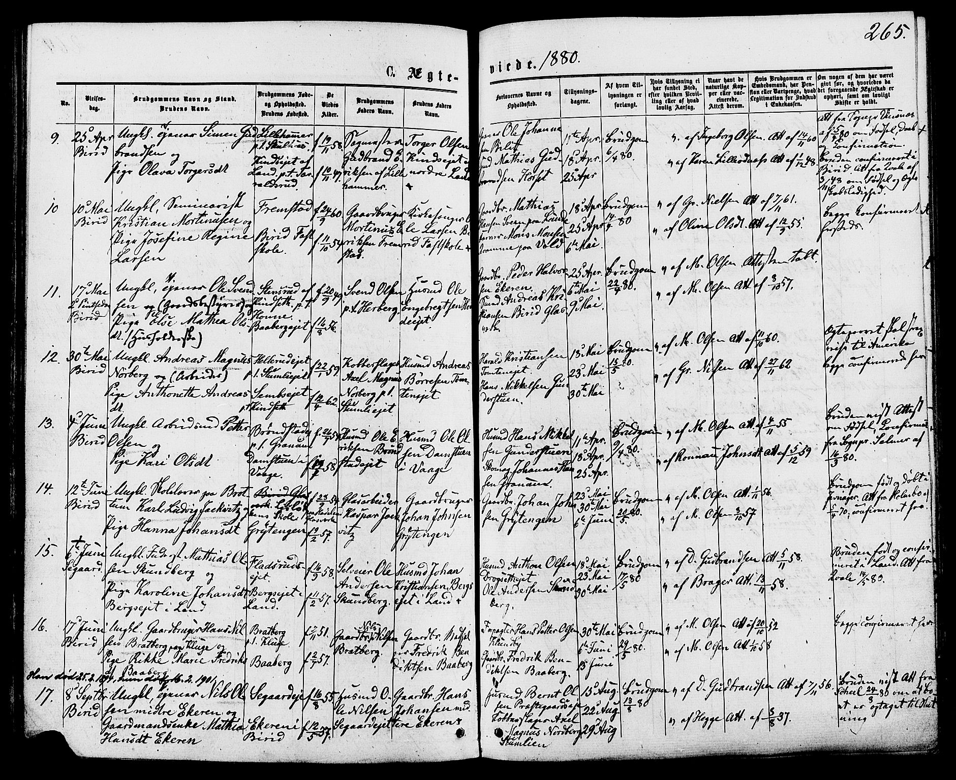 Biri prestekontor, SAH/PREST-096/H/Ha/Haa/L0006: Parish register (official) no. 6, 1877-1886, p. 265
