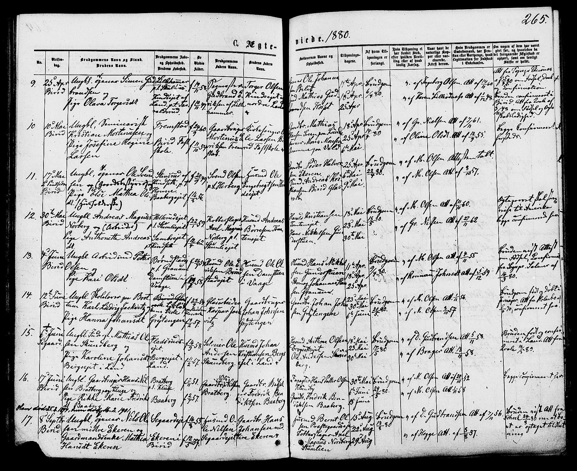 Biri prestekontor, AV/SAH-PREST-096/H/Ha/Haa/L0006: Parish register (official) no. 6, 1877-1886, p. 265