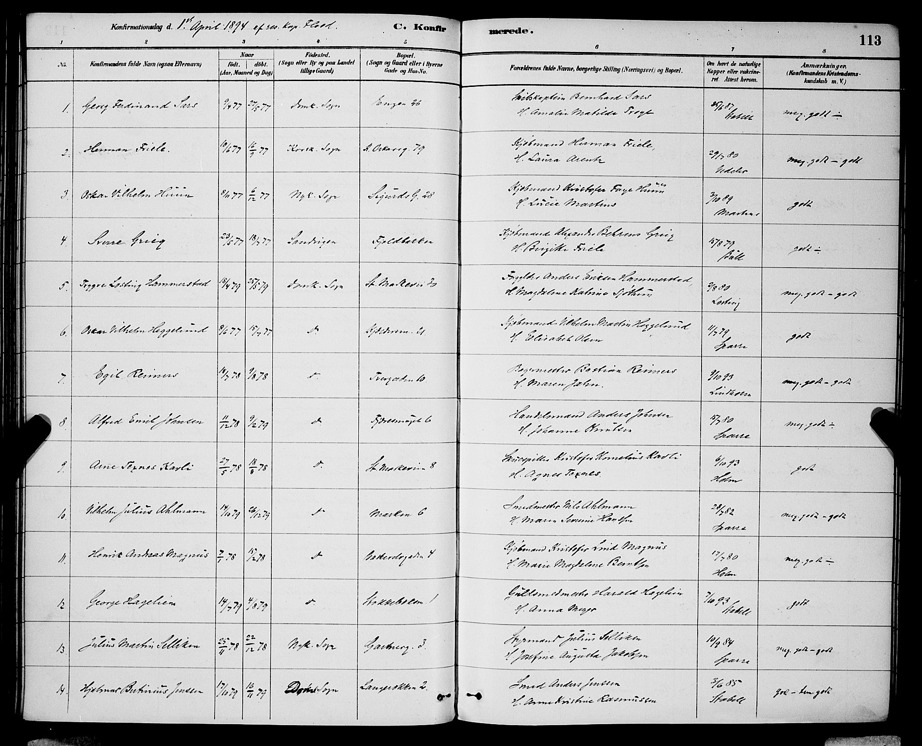 Domkirken sokneprestembete, SAB/A-74801/H/Hab/L0024: Parish register (copy) no. C 4, 1880-1899, p. 113