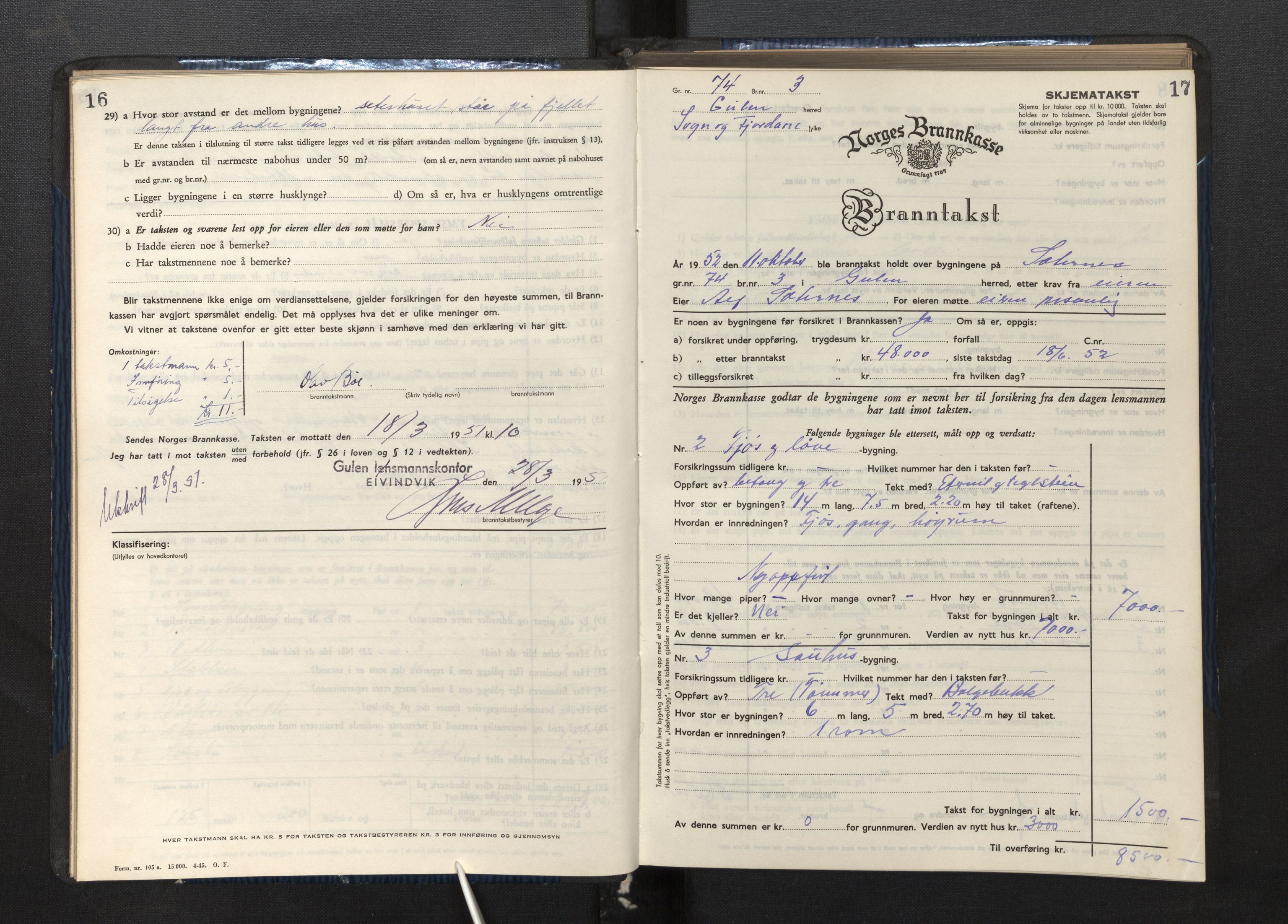 Lensmannen i Gulen, SAB/A-27901/0012/L0004: Branntakstprotokoll skjematakst, 1948-1954, p. 16-17