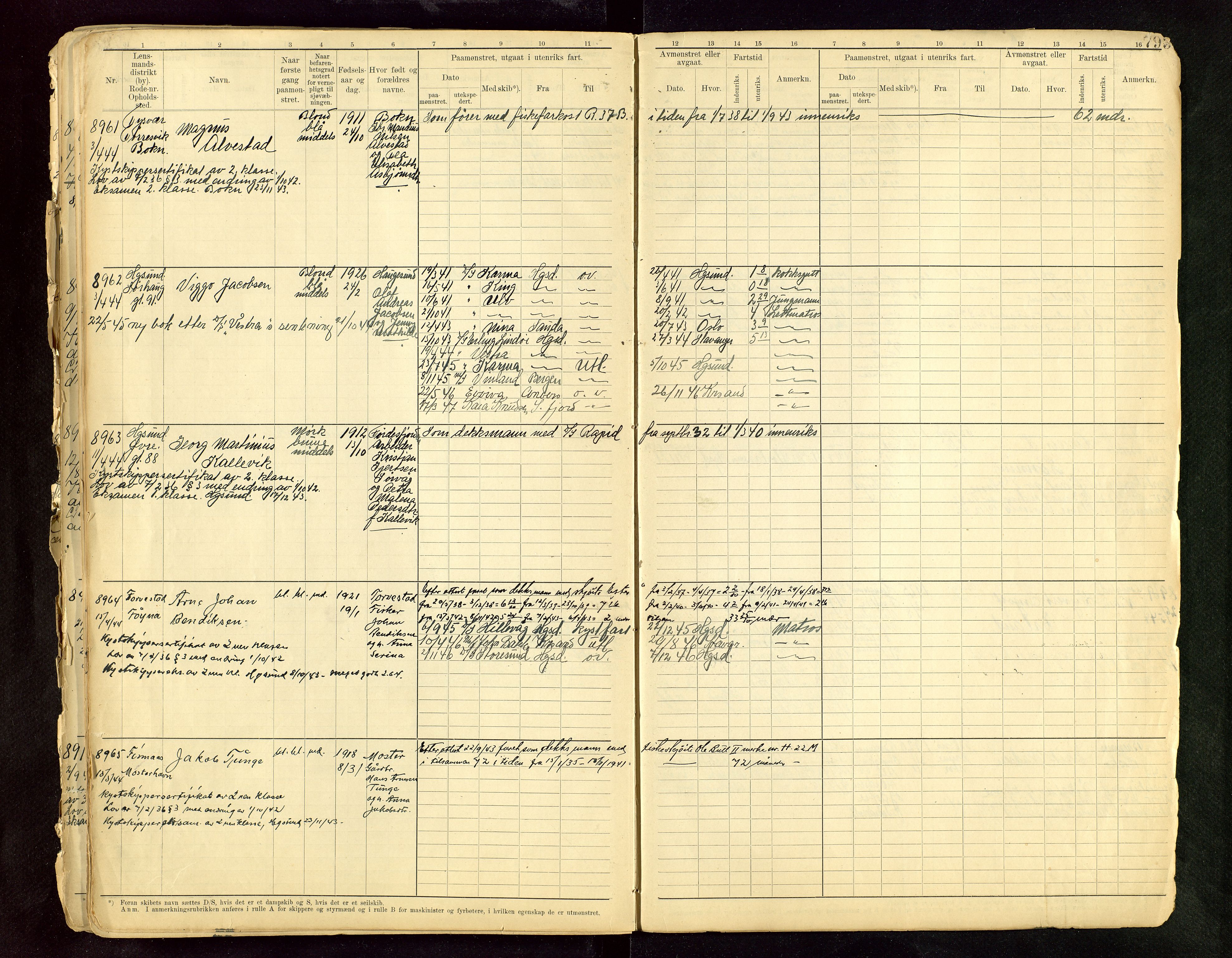 Haugesund sjømannskontor, AV/SAST-A-102007/F/Fb/Fbb/L0015: Sjøfartsrulle A Haugesund krets I nr 5001-8970, 1912-1948, p. 793