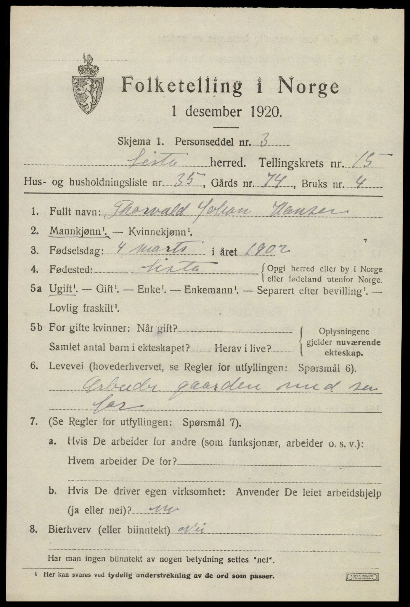 SAK, 1920 census for Lista, 1920, p. 12889