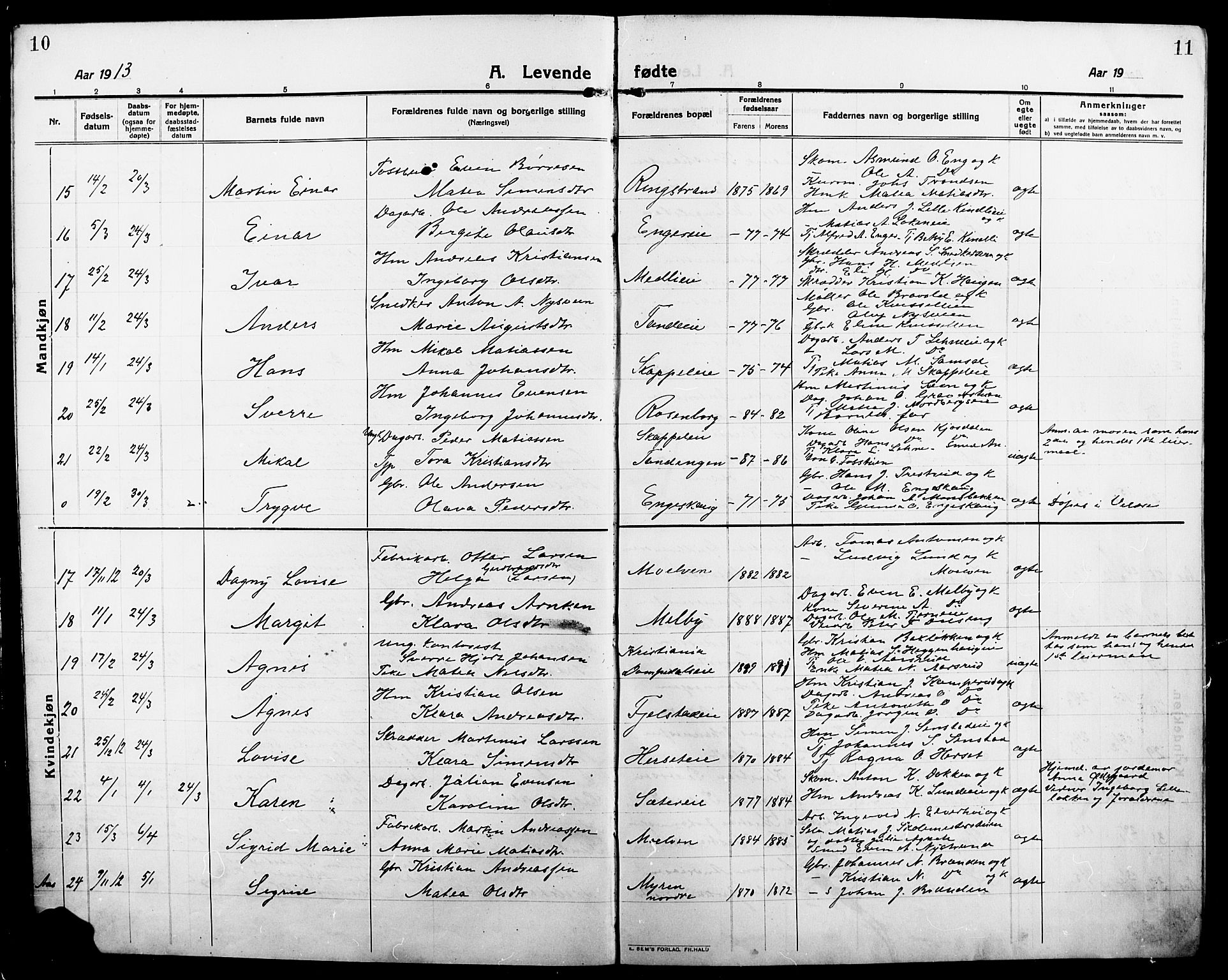 Ringsaker prestekontor, SAH/PREST-014/L/La/L0018: Parish register (copy) no. 18, 1913-1922, p. 10-11