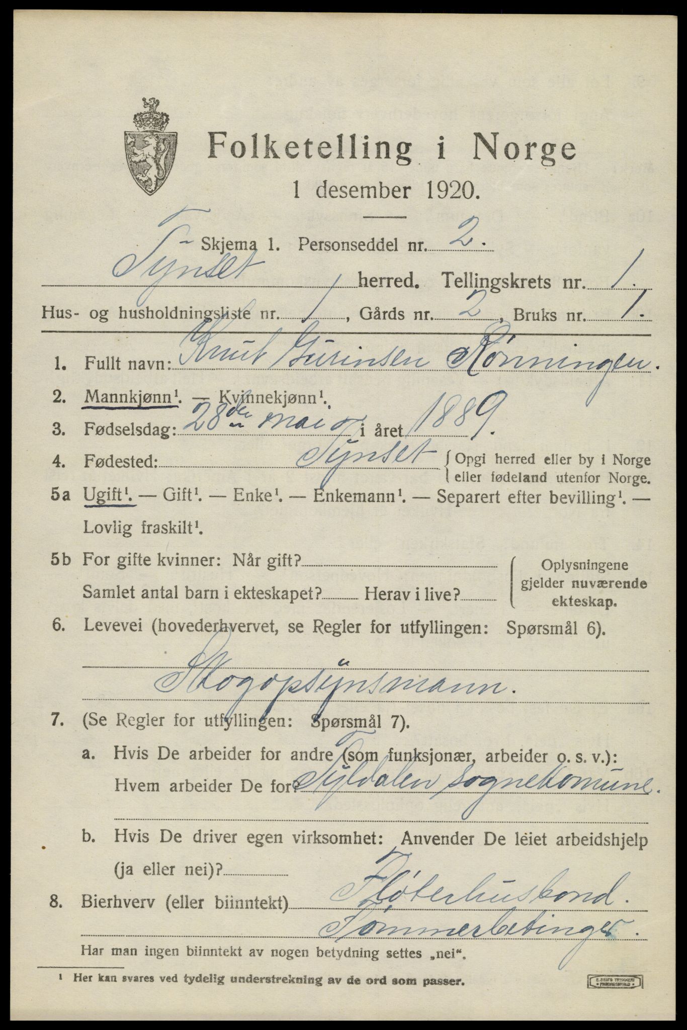 SAH, 1920 census for Tynset, 1920, p. 1538