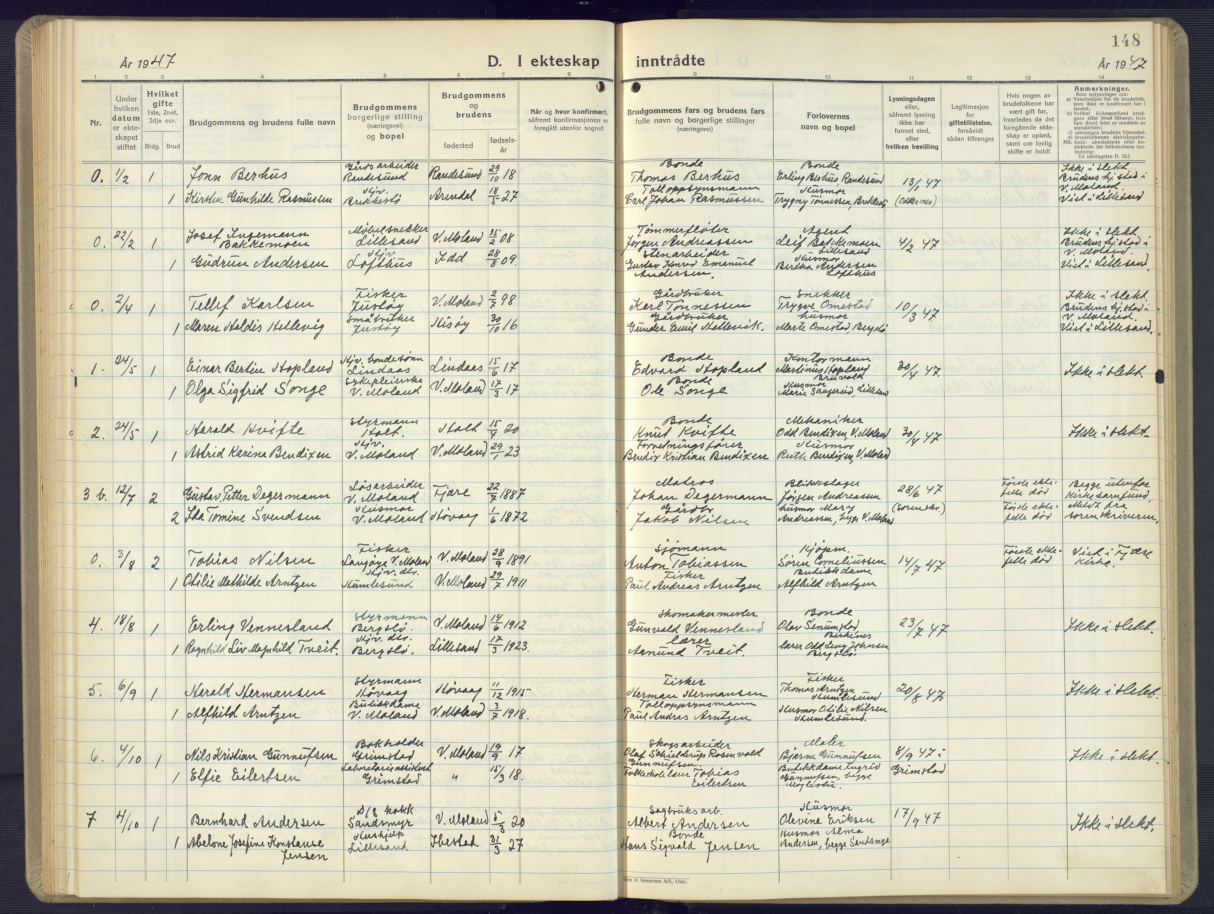 Vestre Moland sokneprestkontor, AV/SAK-1111-0046/F/Fb/Fbb/L0008: Parish register (copy) no. B 8, 1930-1966, p. 148