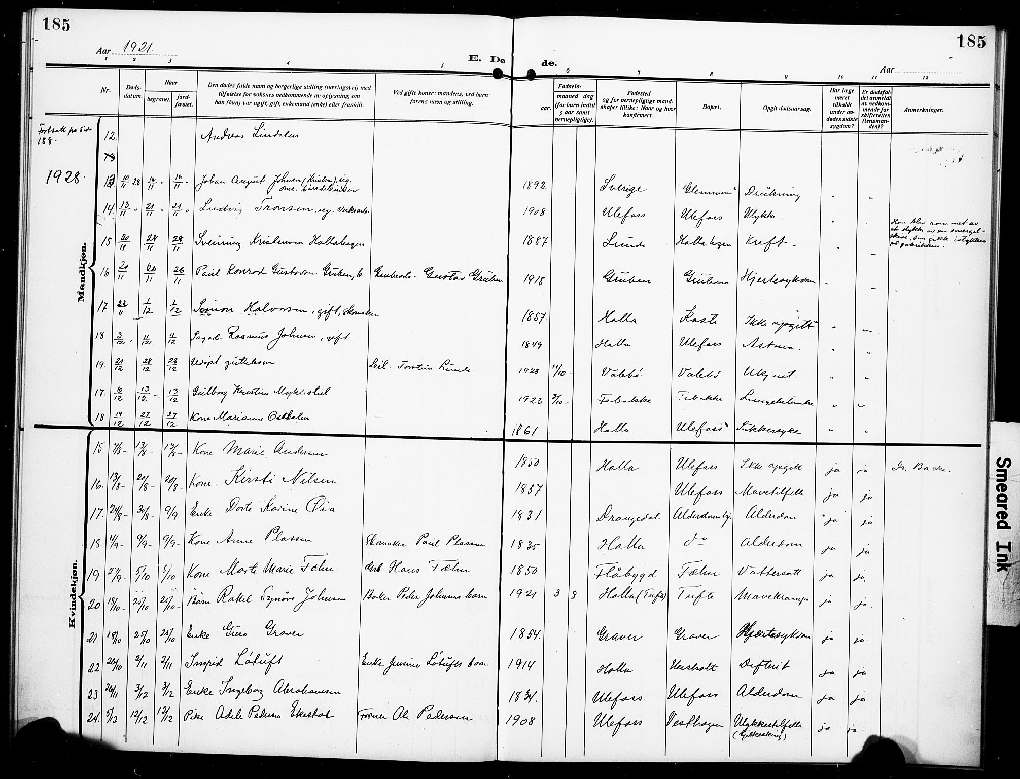 Holla kirkebøker, SAKO/A-272/G/Ga/L0006: Parish register (copy) no. I 6, 1917-1928, p. 185
