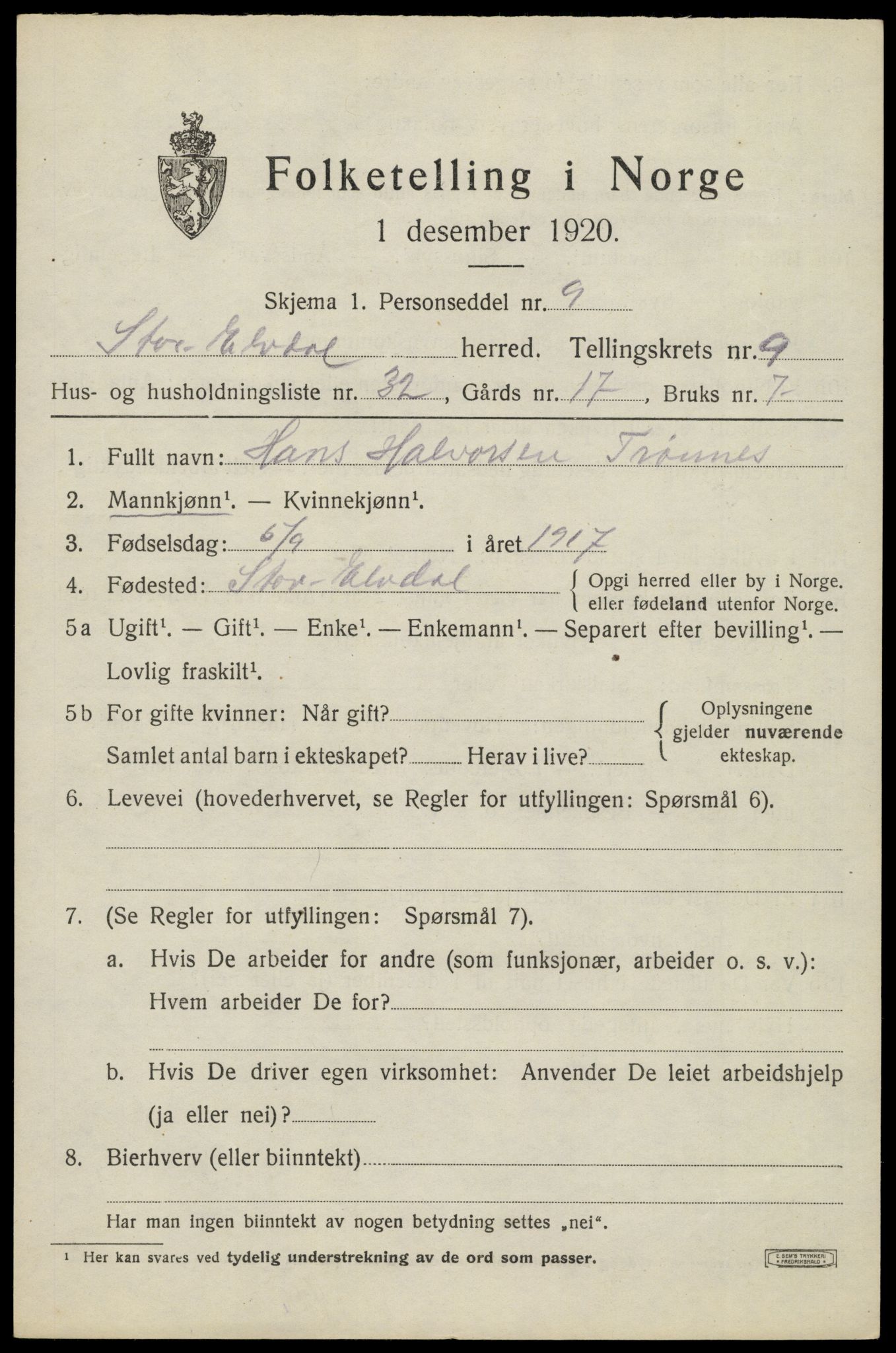 SAH, 1920 census for Stor-Elvdal, 1920, p. 8860