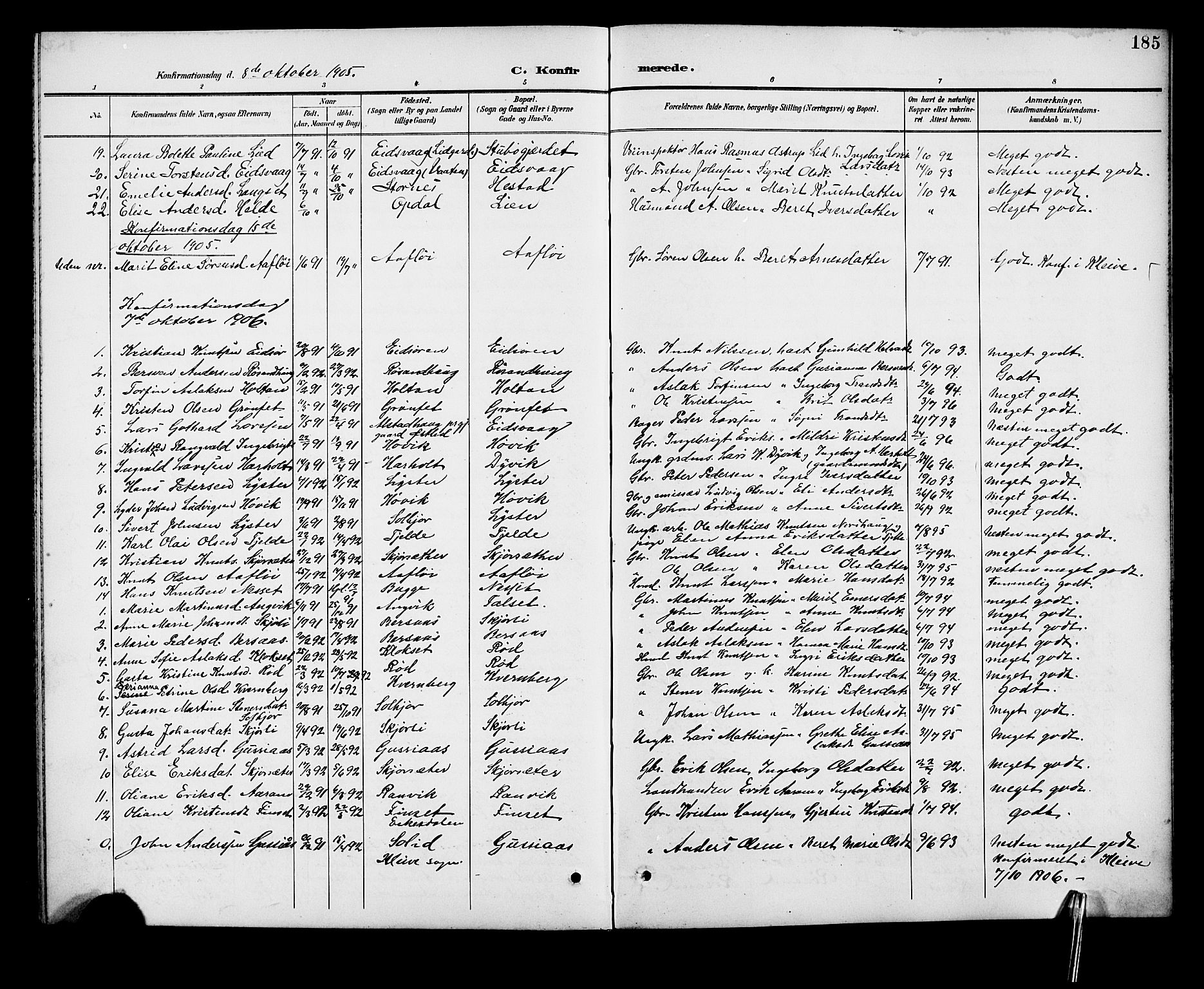 Ministerialprotokoller, klokkerbøker og fødselsregistre - Møre og Romsdal, AV/SAT-A-1454/551/L0632: Parish register (copy) no. 551C04, 1894-1920, p. 185