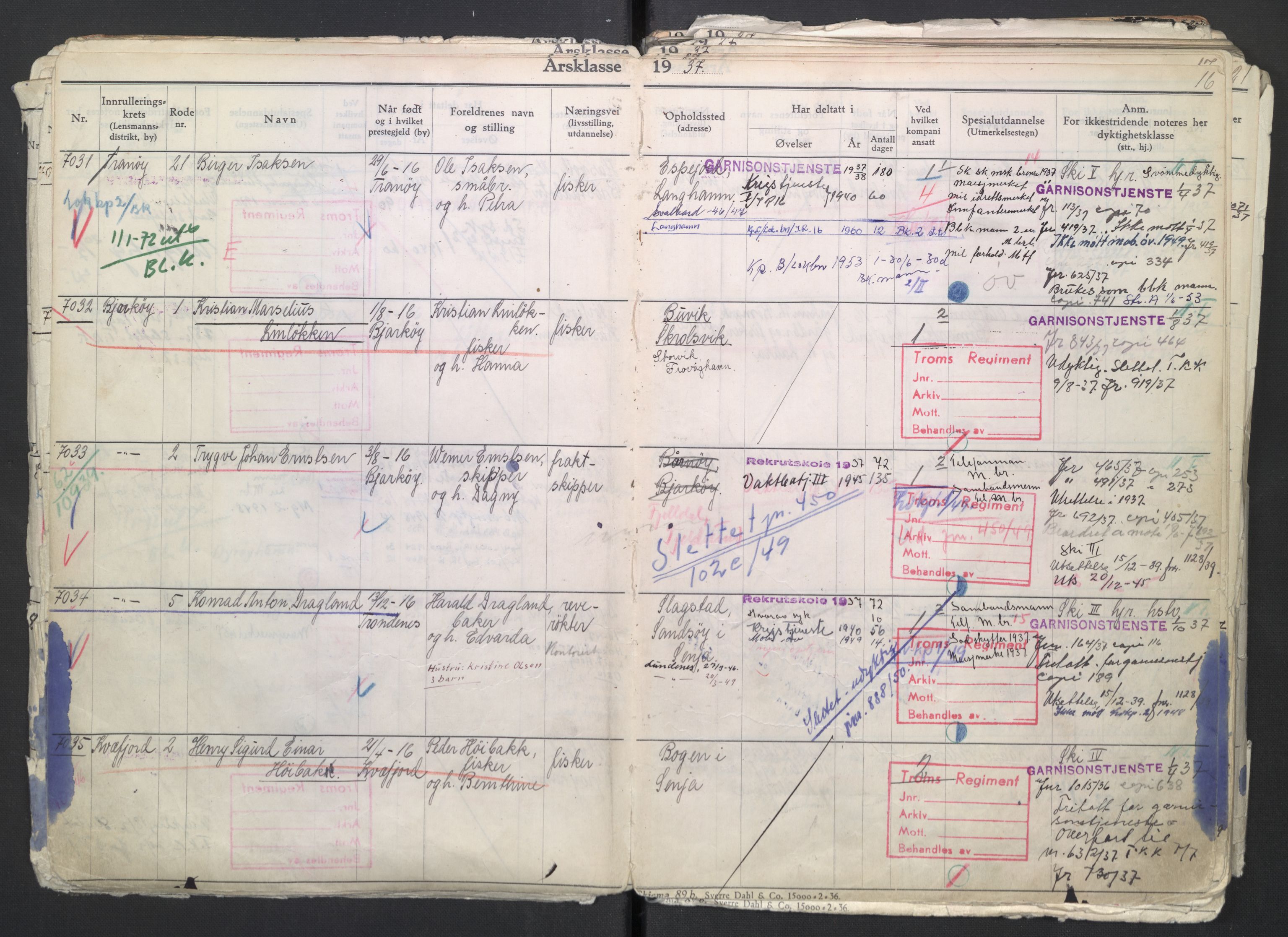 Forsvaret, Troms infanteriregiment nr. 16, AV/RA-RAFA-3146/P/Pa/L0007/0002: Ruller / Rulle for regimentets menige mannskaper, årsklasse 1937, 1937, p. 16