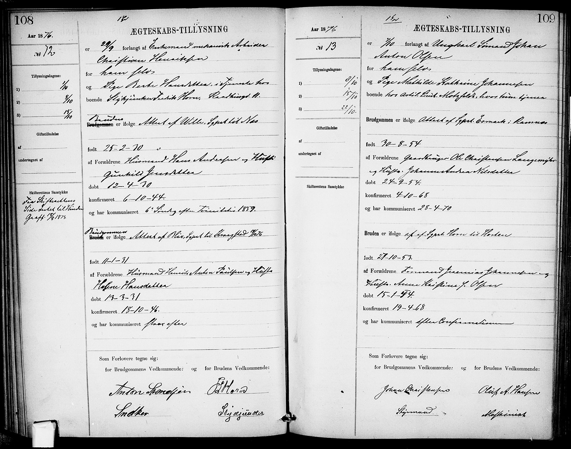 Garnisonsmenigheten Kirkebøker, AV/SAO-A-10846/H/Ha/L0007: Banns register no. I 7, 1872-1893, p. 108-109