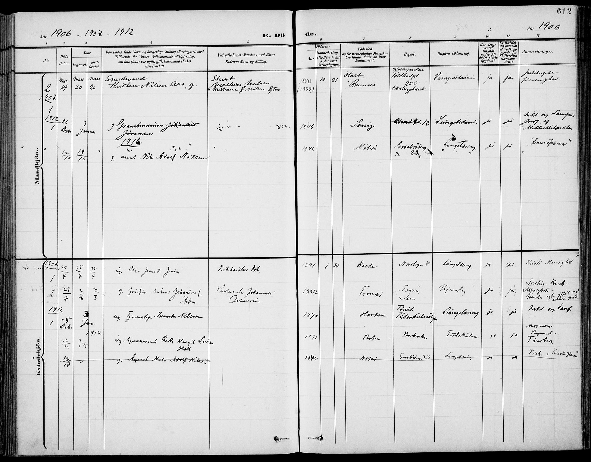 Tønsberg kirkebøker, AV/SAKO-A-330/F/Fa/L0013: Parish register (official) no. I 13, 1900-1913, p. 612