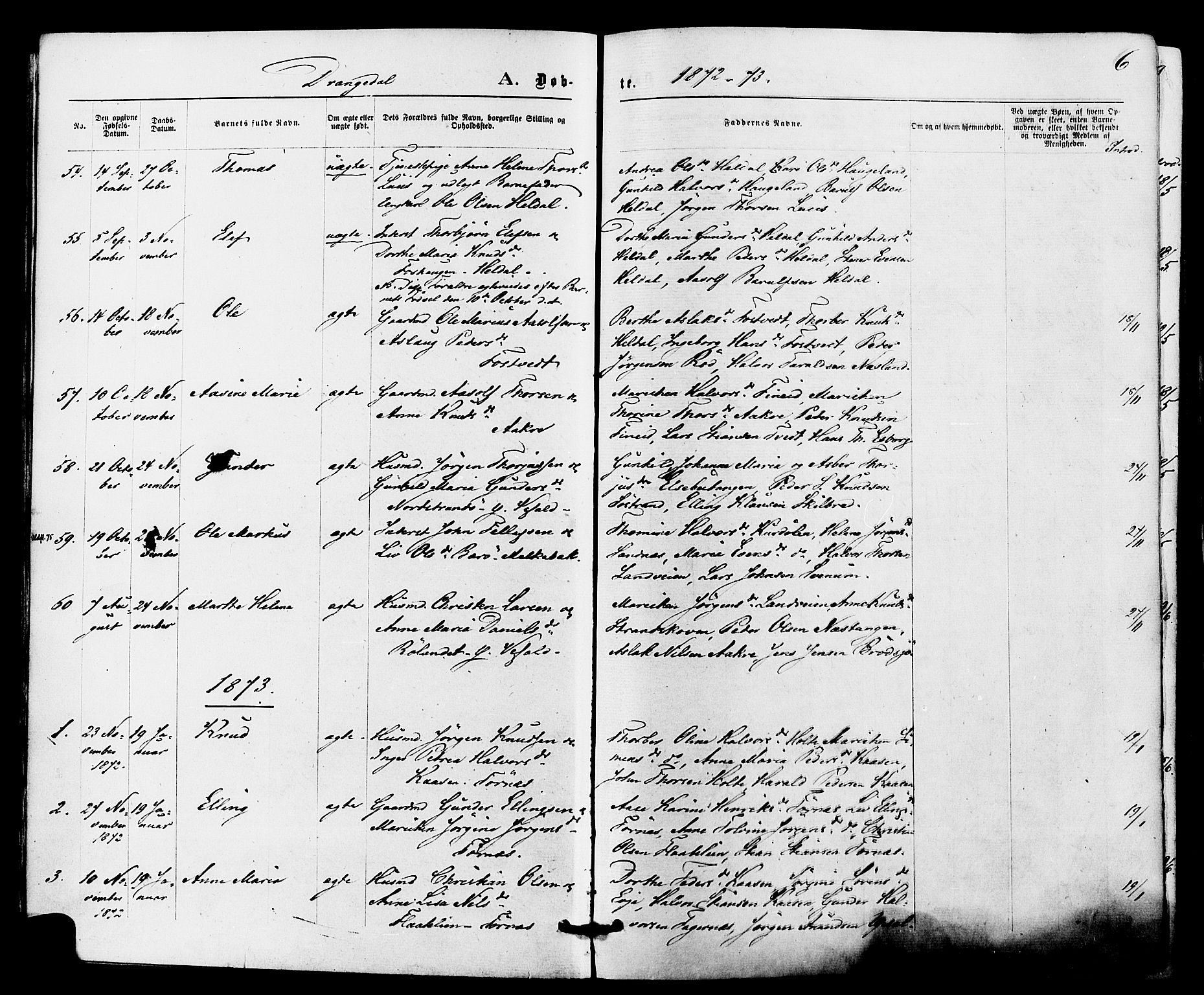 Drangedal kirkebøker, SAKO/A-258/F/Fa/L0009: Parish register (official) no. 9 /1, 1872-1884, p. 6