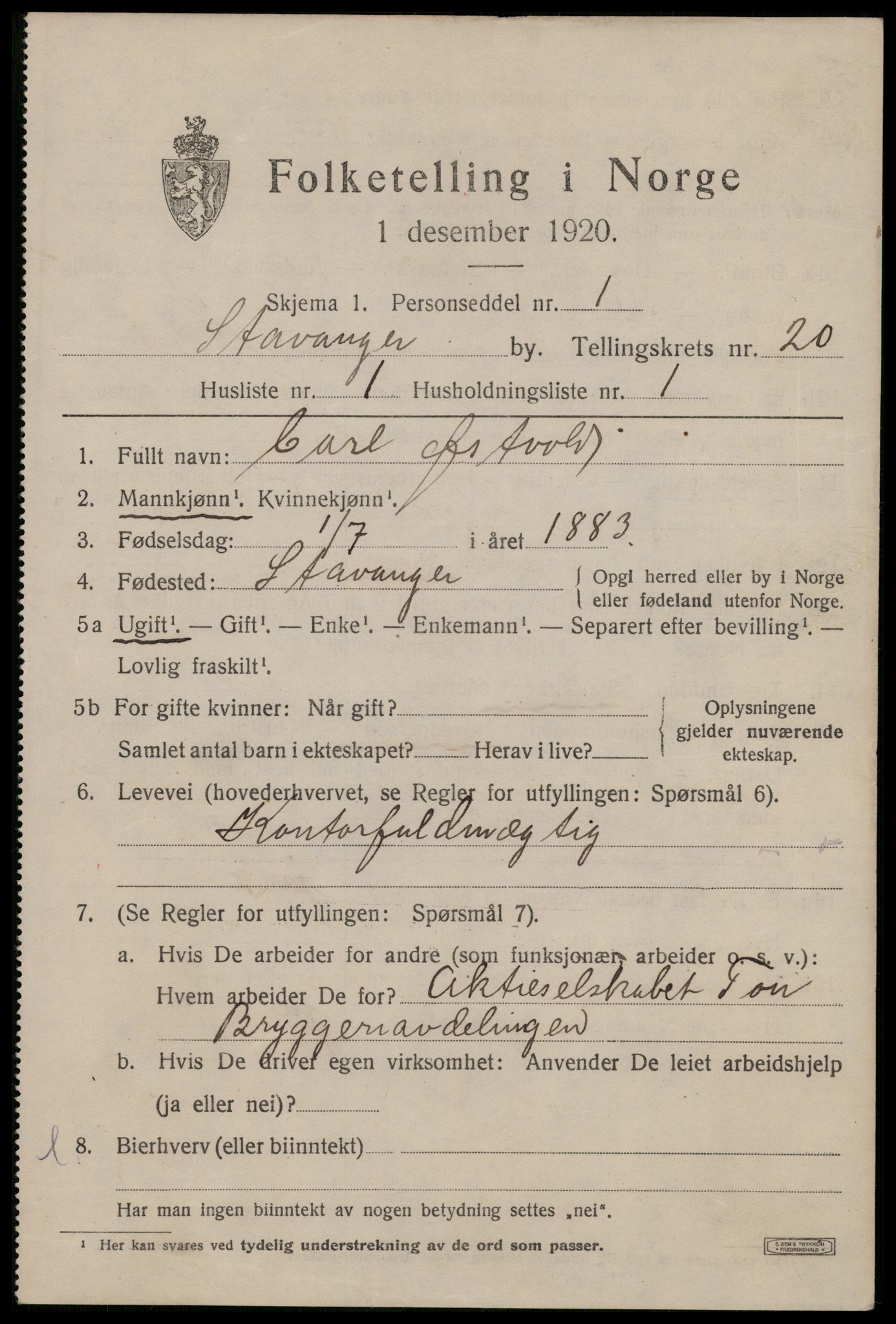 SAST, 1920 census for Stavanger, 1920, p. 69946