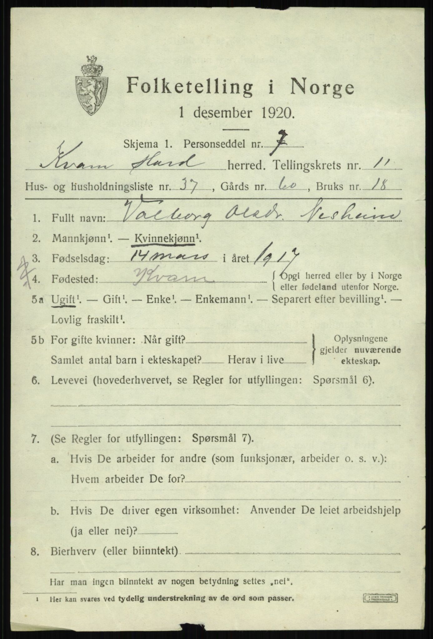 SAB, 1920 census for Kvam, 1920, p. 7509