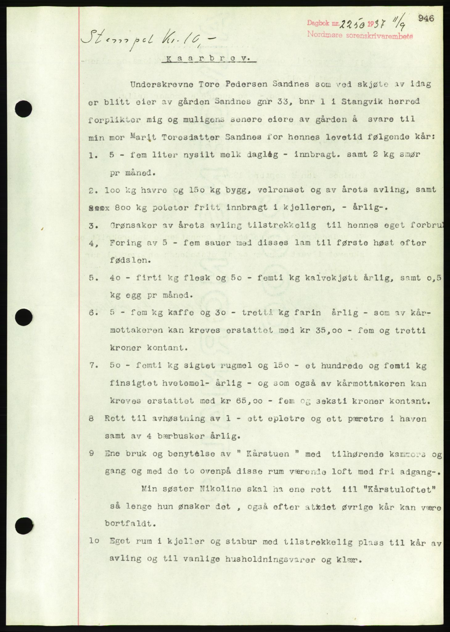 Nordmøre sorenskriveri, AV/SAT-A-4132/1/2/2Ca/L0091: Mortgage book no. B81, 1937-1937, Diary no: : 2250/1937