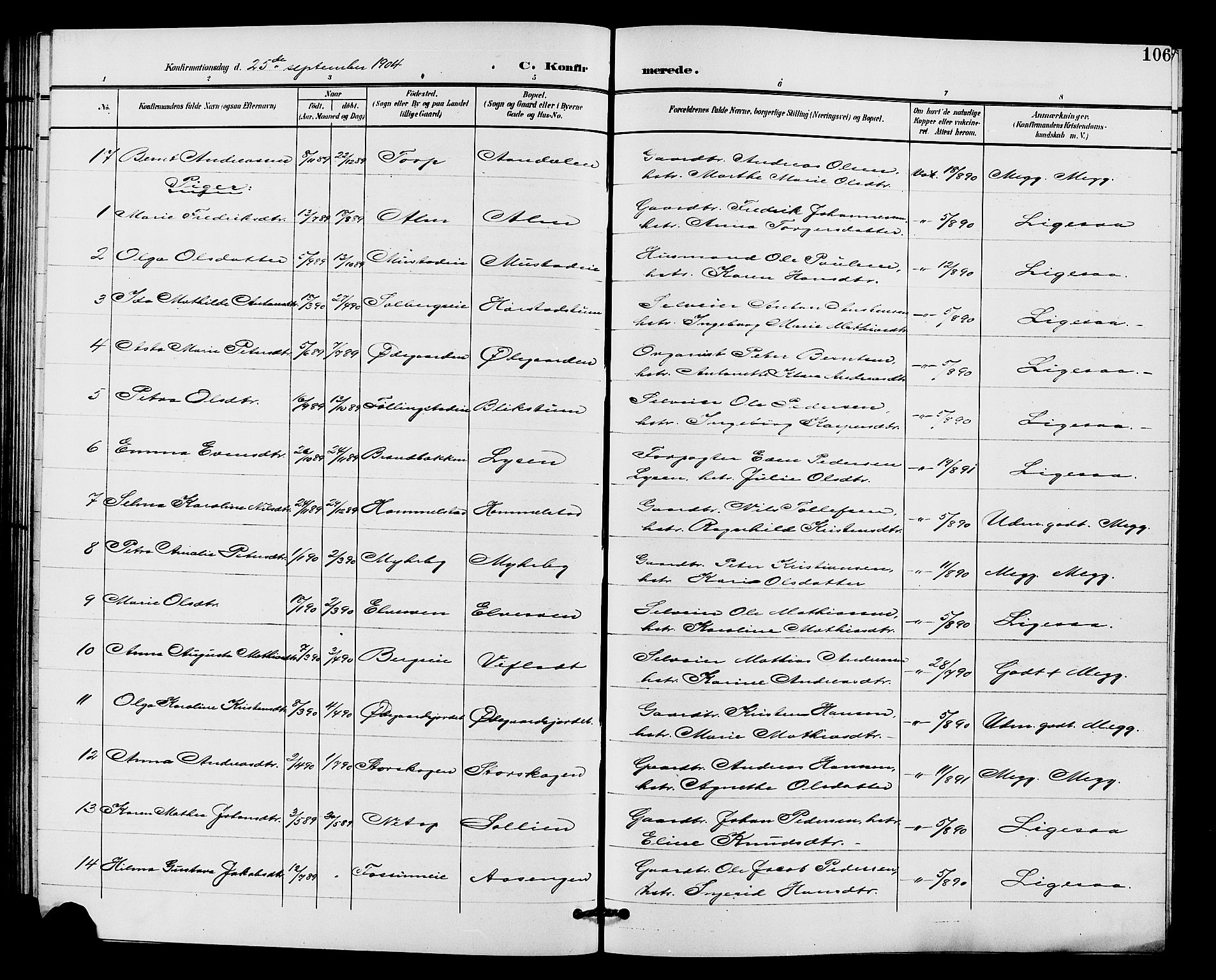 Vardal prestekontor, SAH/PREST-100/H/Ha/Hab/L0011: Parish register (copy) no. 11, 1899-1913, p. 106