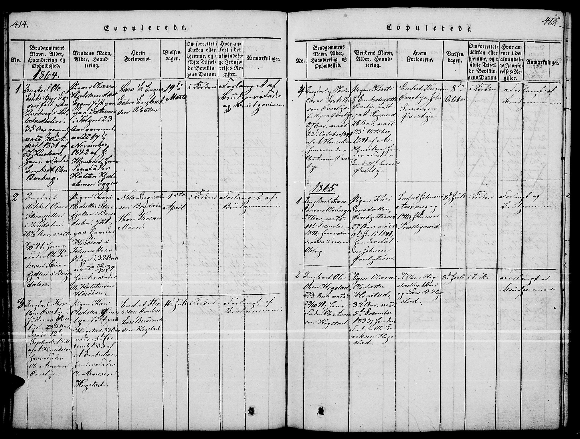 Tynset prestekontor, SAH/PREST-058/H/Ha/Hab/L0004: Parish register (copy) no. 4, 1814-1879, p. 414-415