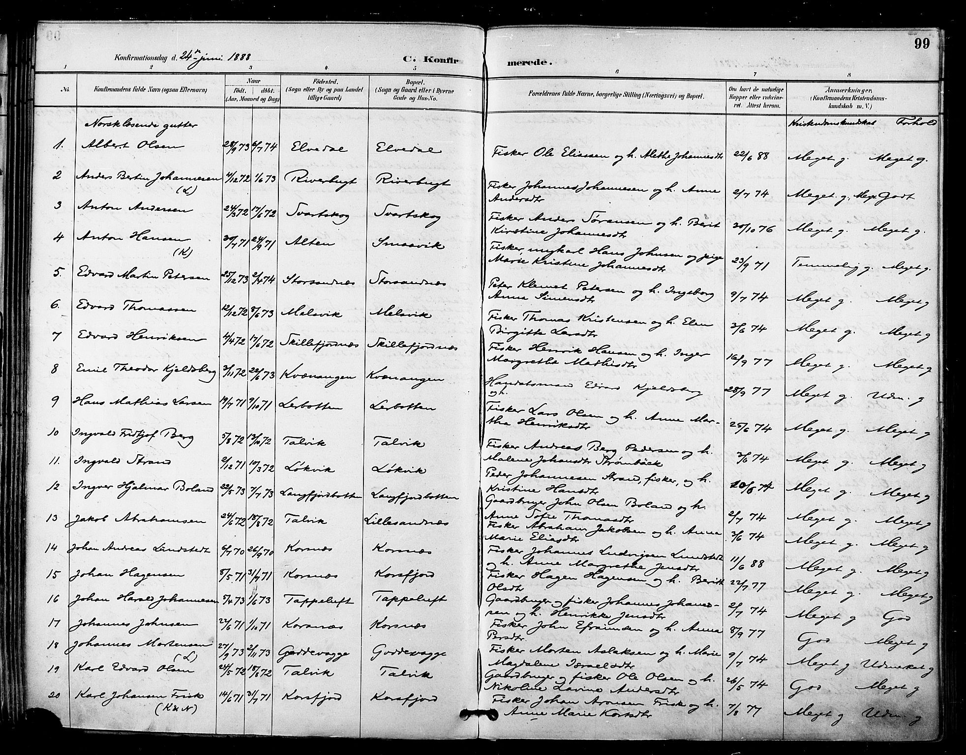 Talvik sokneprestkontor, SATØ/S-1337/H/Ha/L0013kirke: Parish register (official) no. 13, 1886-1897, p. 99