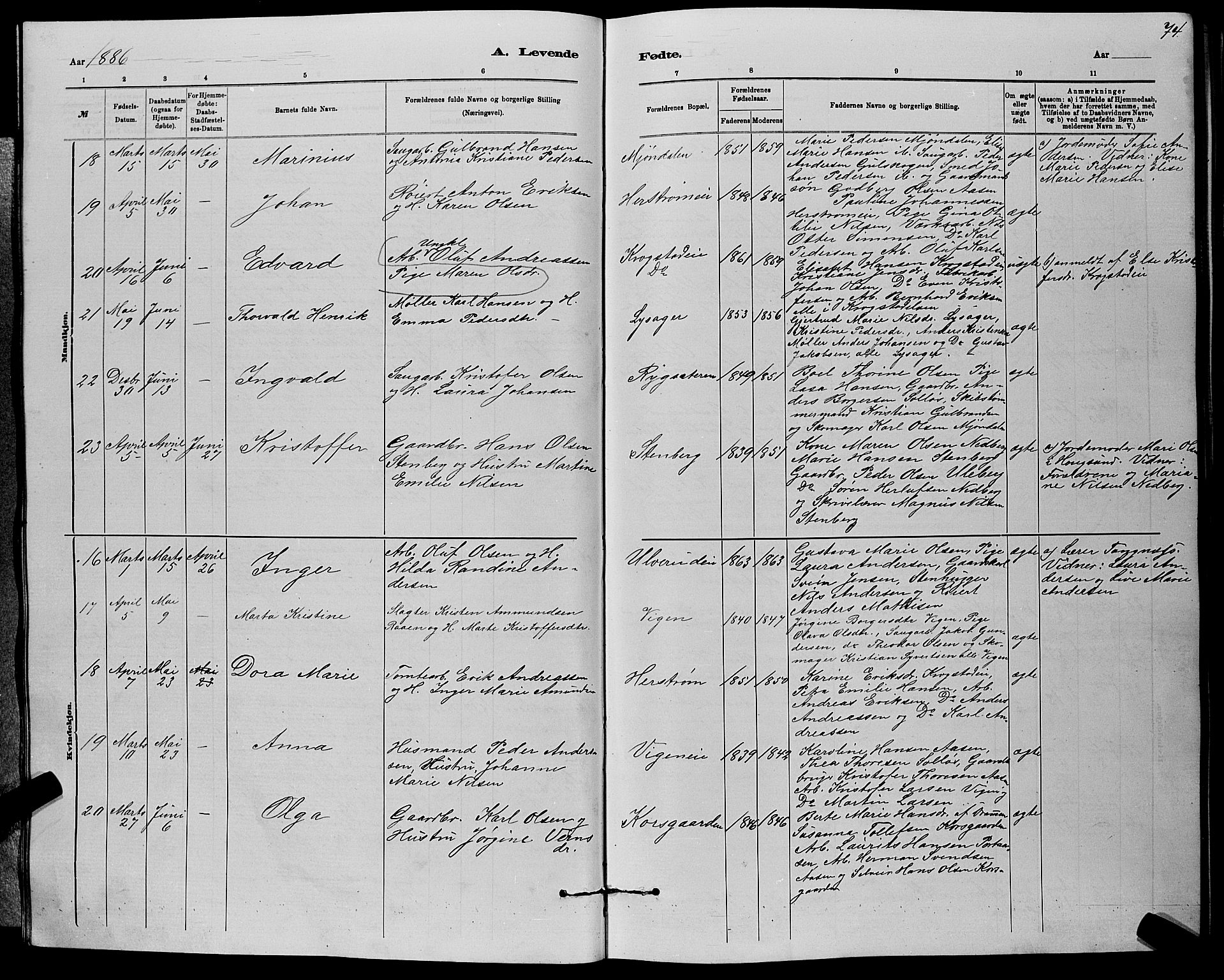 Nedre Eiker kirkebøker, AV/SAKO-A-612/G/Ga/L0002: Parish register (copy) no. 2, 1880-1896, p. 74