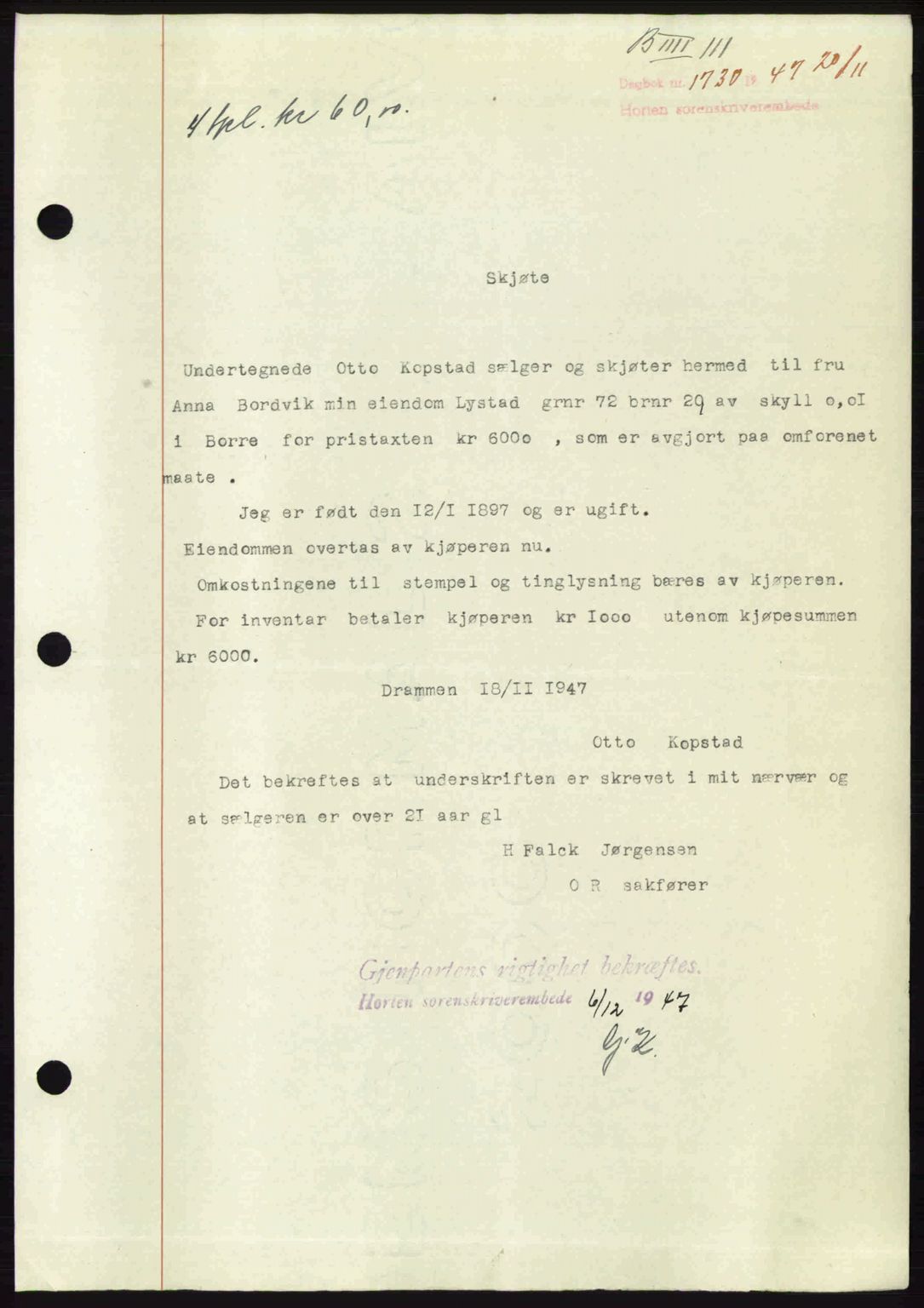 Horten sorenskriveri, AV/SAKO-A-133/G/Ga/Gaa/L0010: Mortgage book no. A-10, 1947-1948, Diary no: : 1730/1947