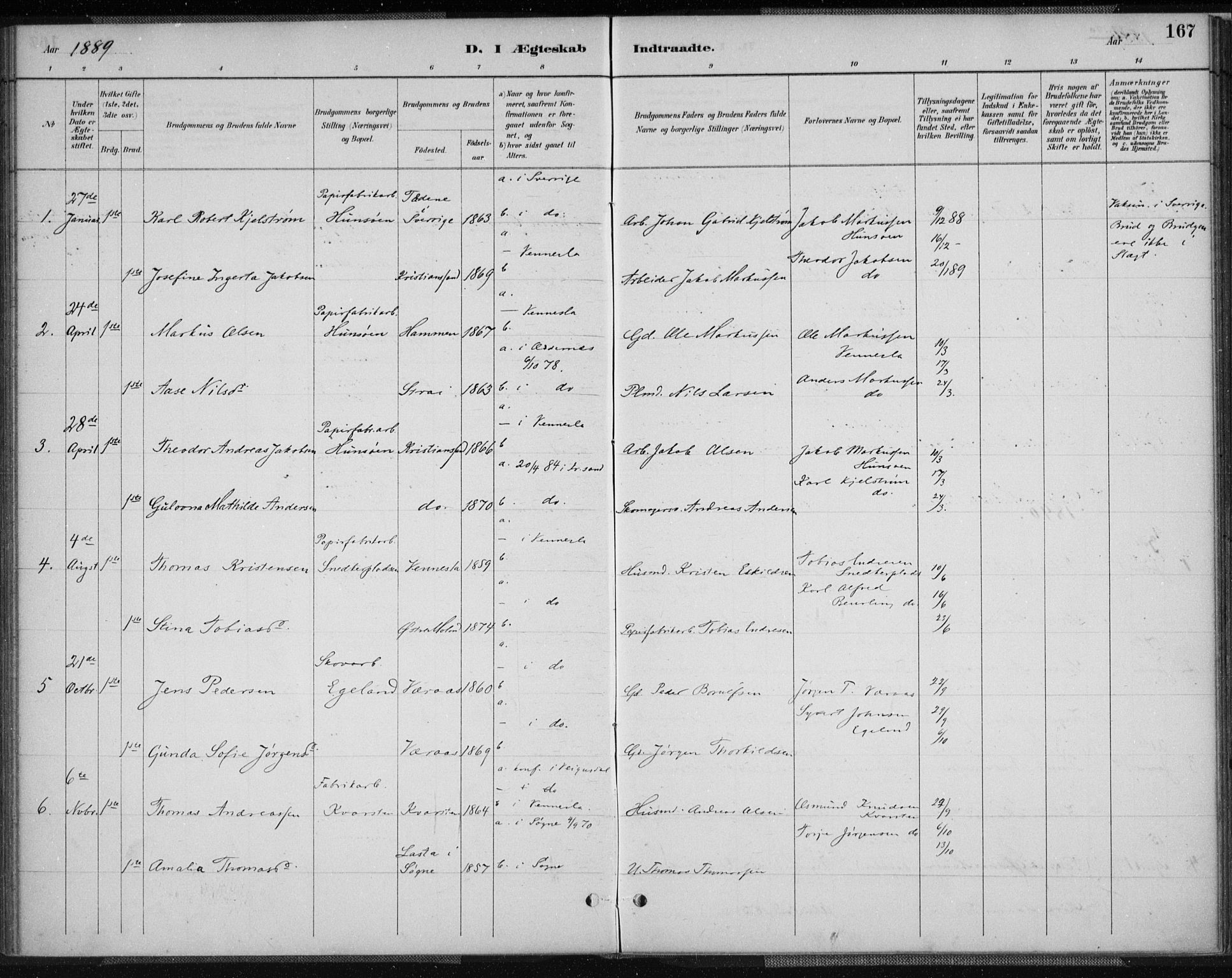 Vennesla sokneprestkontor, AV/SAK-1111-0045/Fa/Fab/L0004: Parish register (official) no. A 4, 1884-1896, p. 167