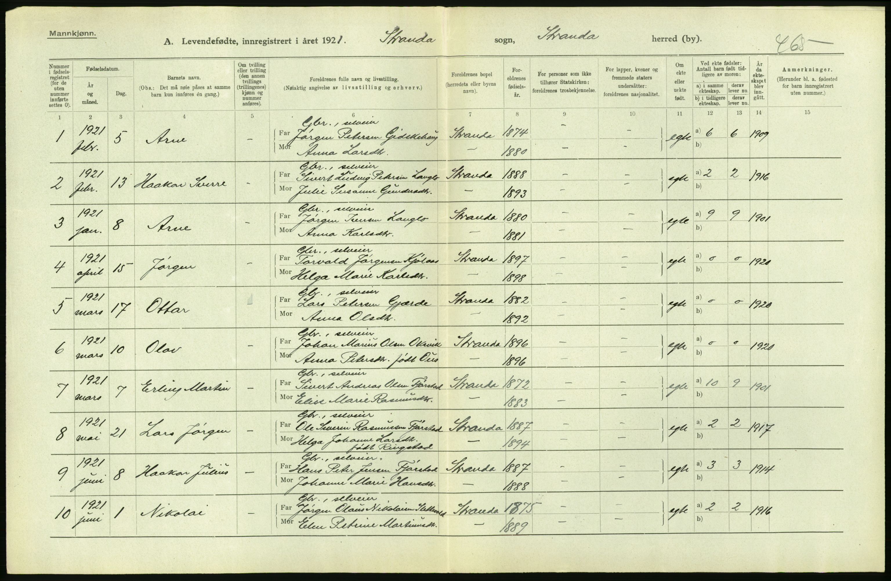 Statistisk sentralbyrå, Sosiodemografiske emner, Befolkning, AV/RA-S-2228/D/Df/Dfc/Dfca/L0040: Møre fylke: Levendefødte menn og kvinner. Bygder., 1921, p. 96