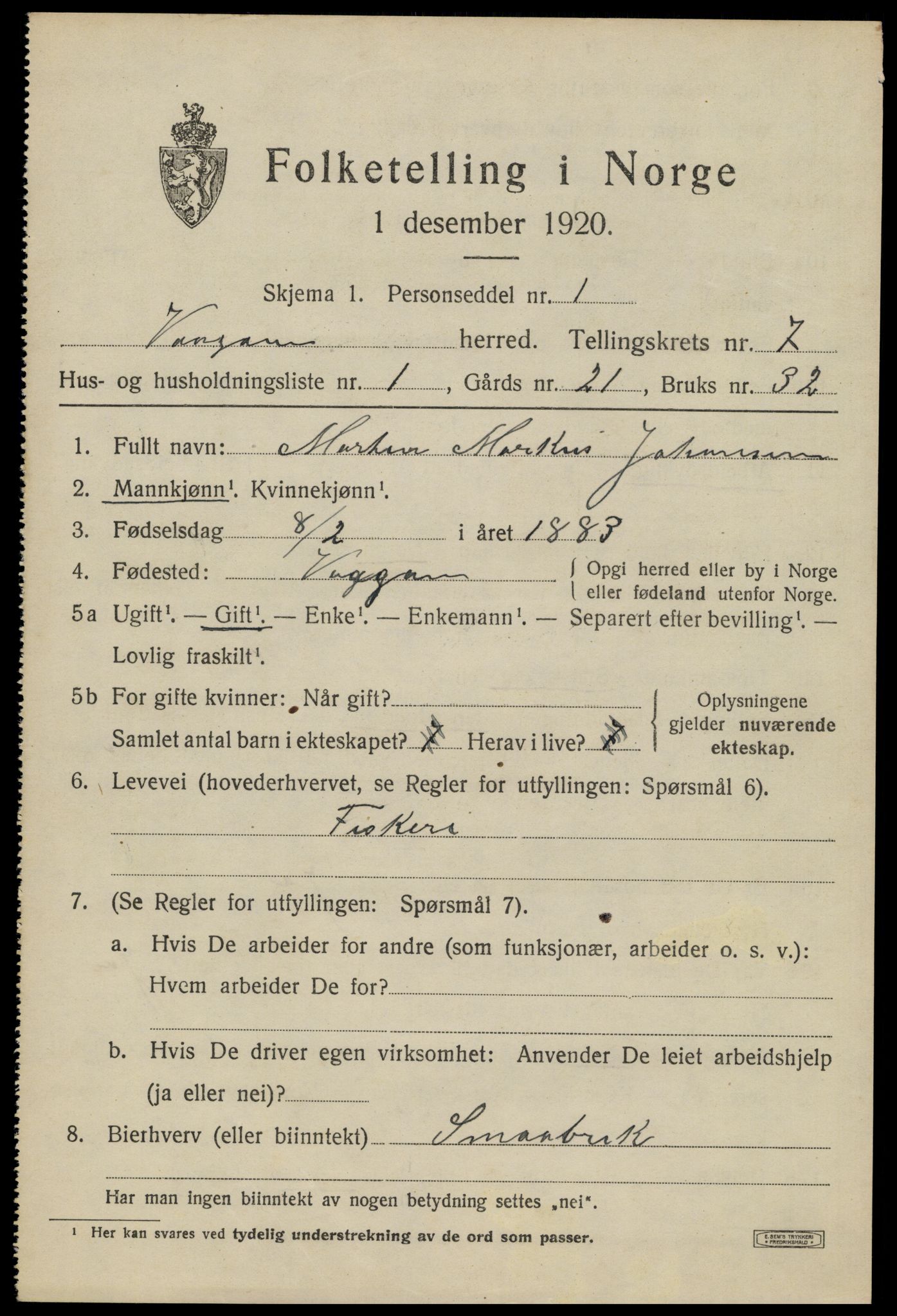 SAT, 1920 census for Vågan, 1920, p. 6391