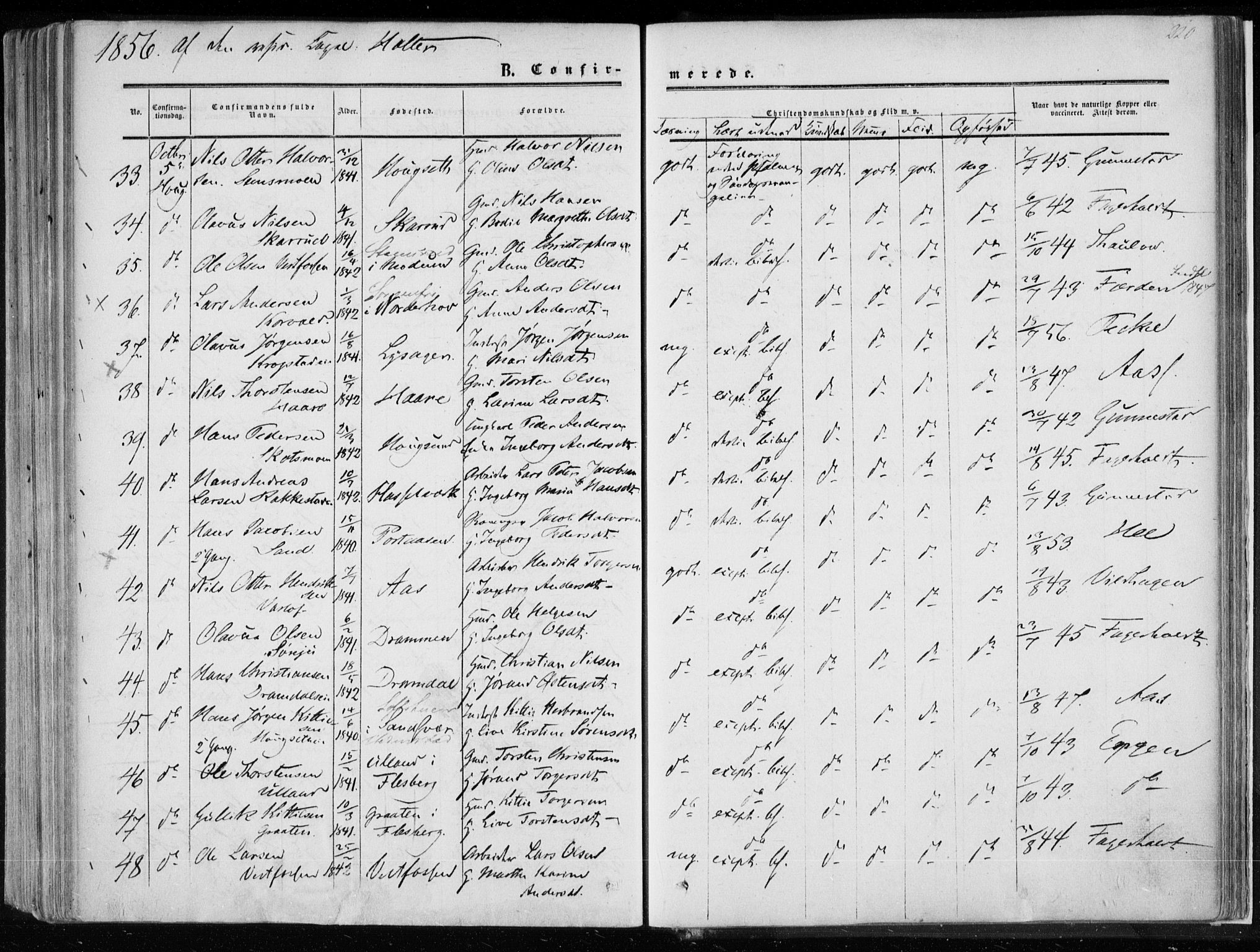 Eiker kirkebøker, SAKO/A-4/F/Fa/L0015a: Parish register (official) no. I 15A, 1854-1860, p. 220