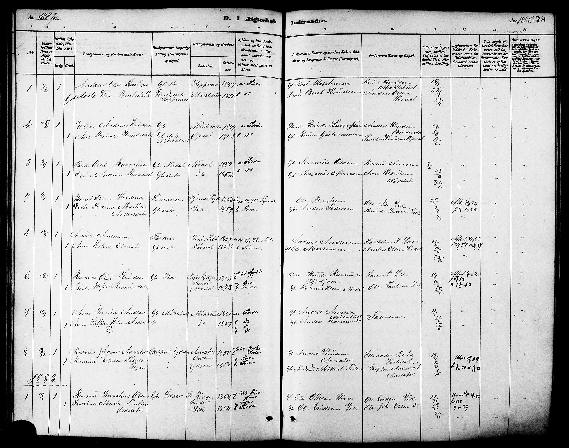 Ministerialprotokoller, klokkerbøker og fødselsregistre - Møre og Romsdal, AV/SAT-A-1454/502/L0027: Parish register (copy) no. 502C01, 1878-1908, p. 178