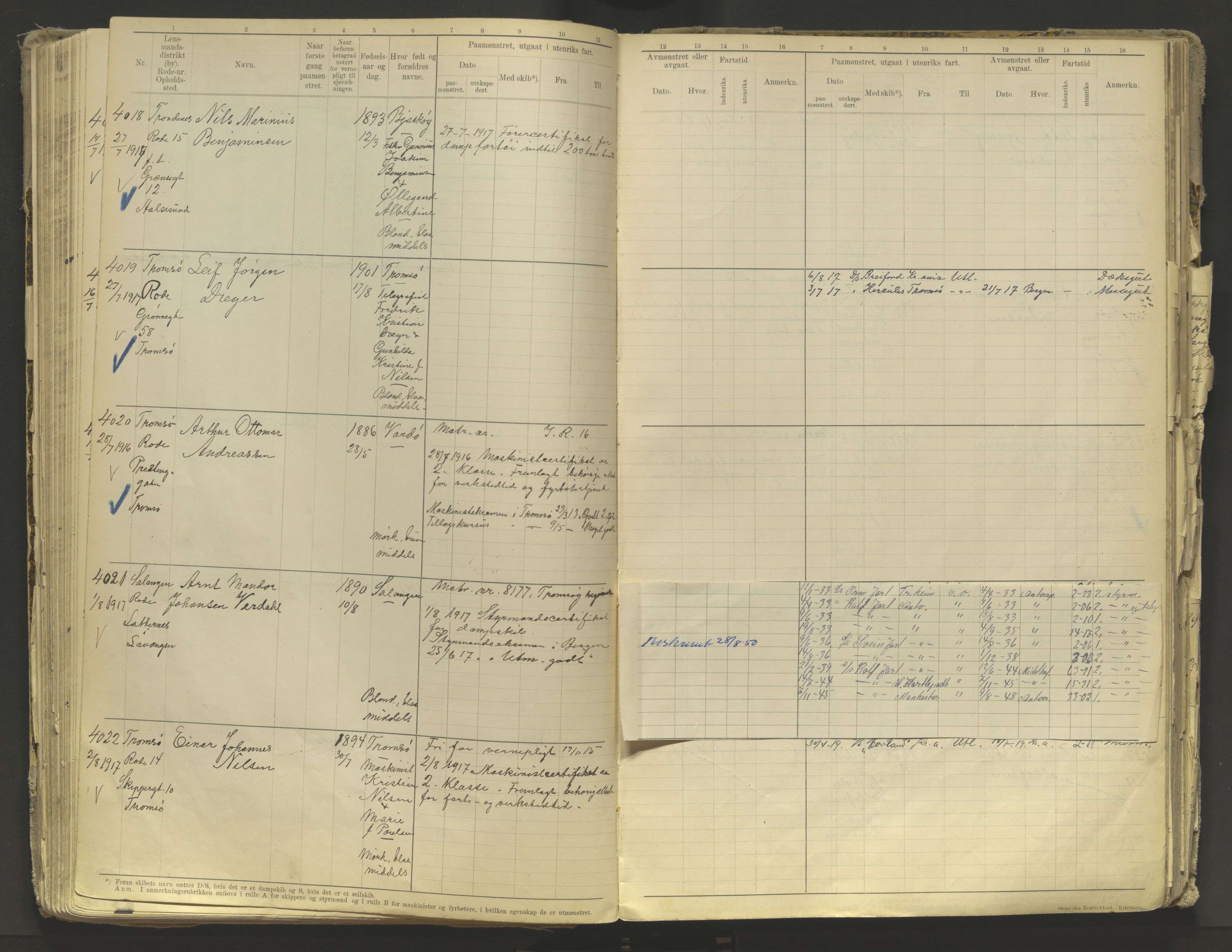 Tromsø sjømannskontor/innrullerings-/mønstringsdistrikt, AV/SATØ-S-0243/F/Fb/L0010: Annotasjonsrulle. Defekt: løs innbinding. Nr. 3519-4972, 1916-1920