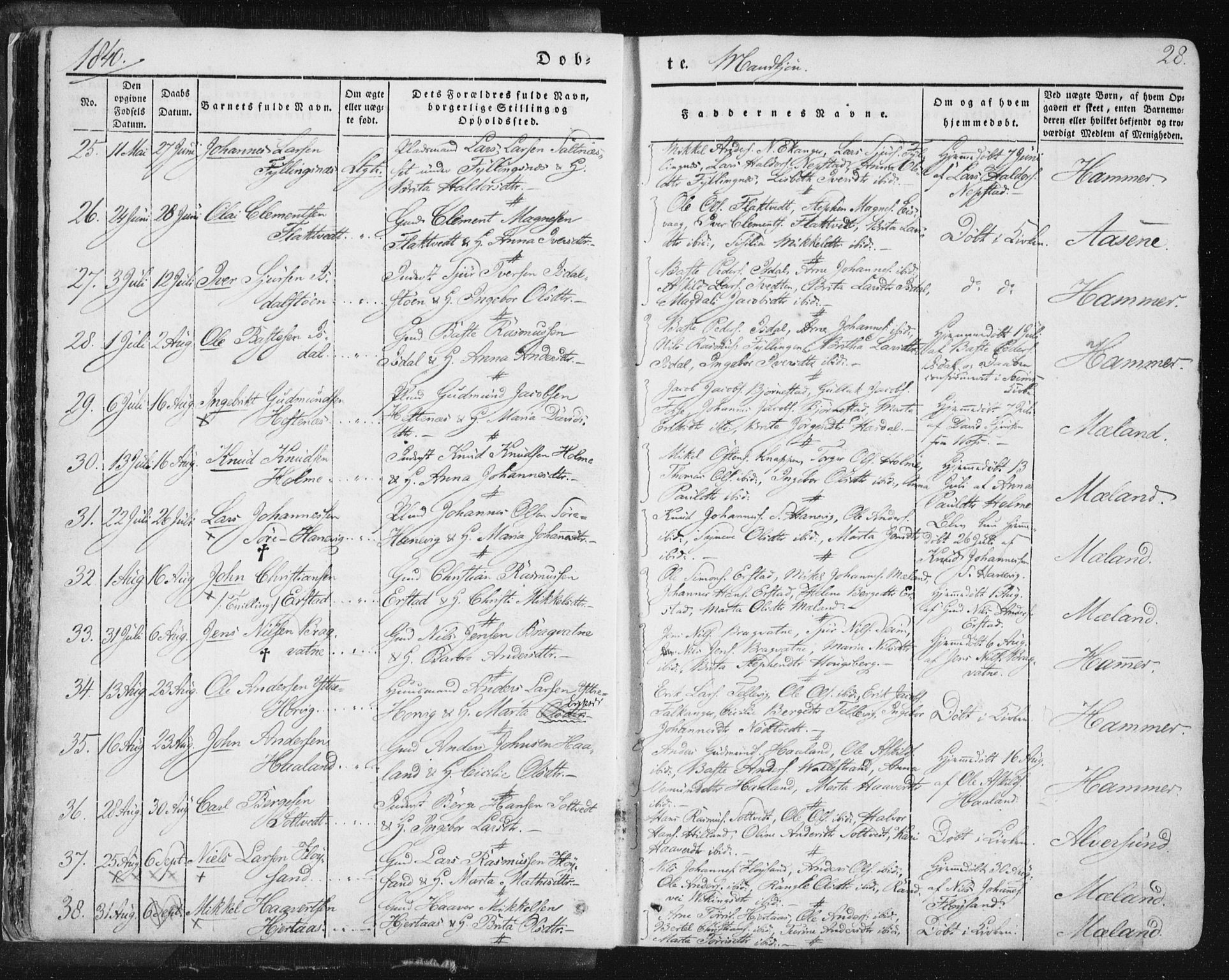 Hamre sokneprestembete, AV/SAB-A-75501/H/Ha/Haa/Haaa/L0012: Parish register (official) no. A 12, 1834-1845, p. 28