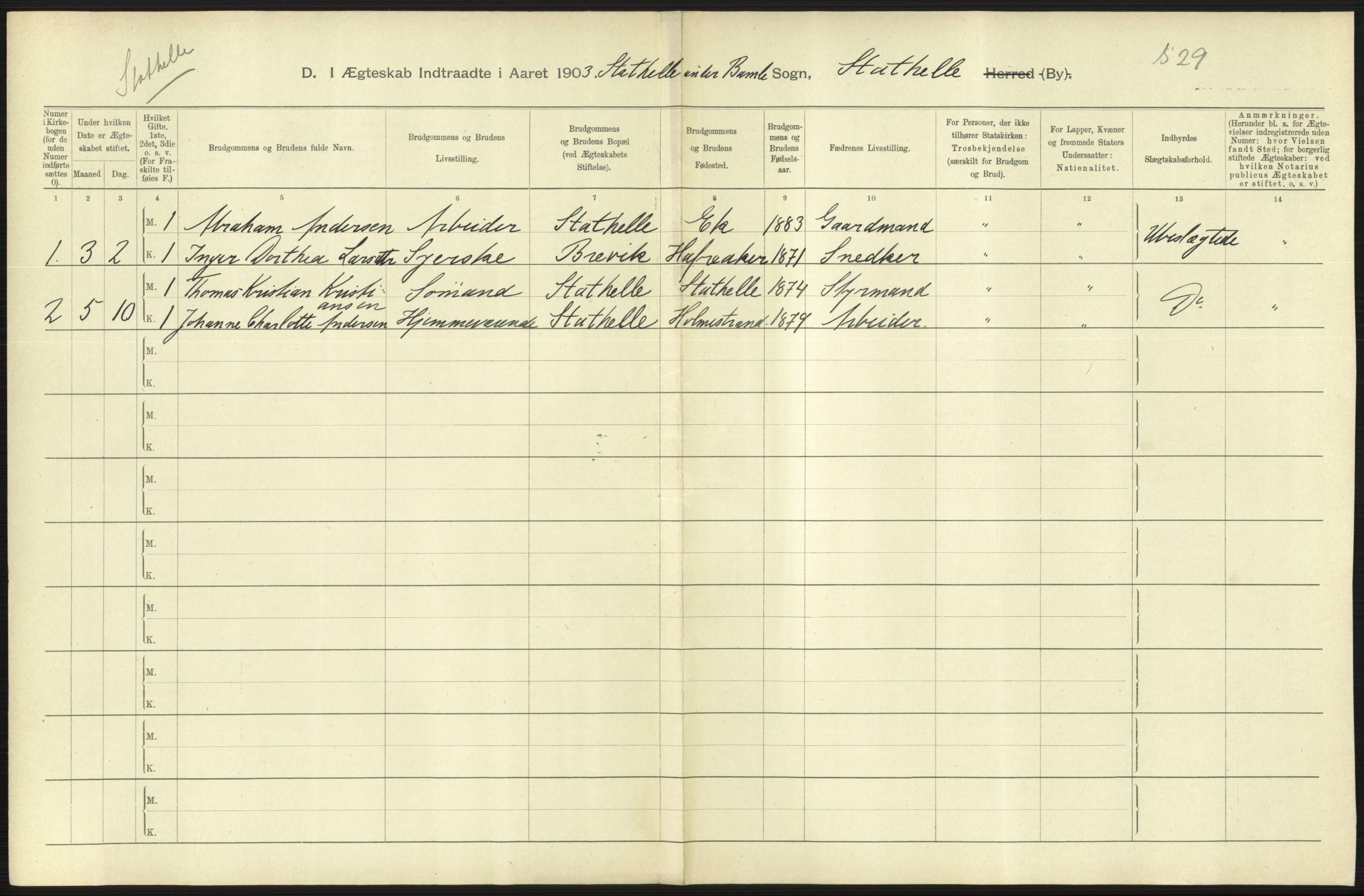 Statistisk sentralbyrå, Sosiodemografiske emner, Befolkning, AV/RA-S-2228/D/Df/Dfa/Dfaa/L0009: Bratsberg amt: Fødte, gifte, døde, 1903, p. 485