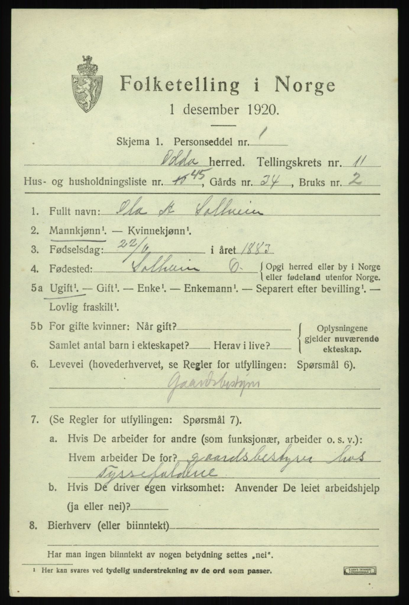 SAB, 1920 census for Odda, 1920, p. 11655